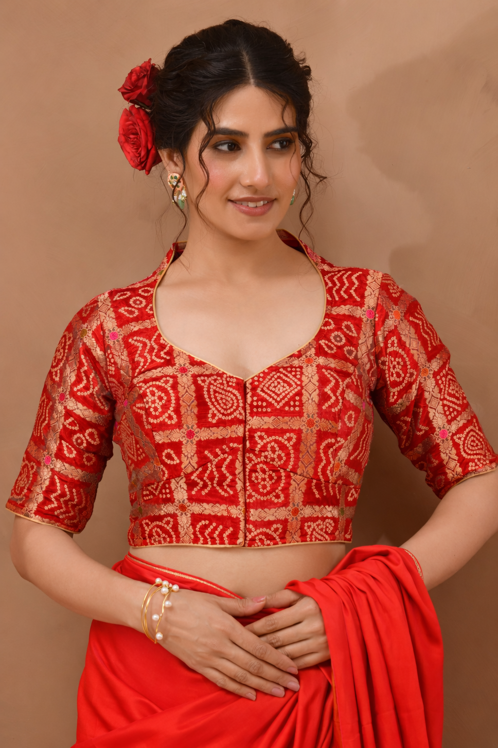 Red  Woven Gharchola collar neck blouse