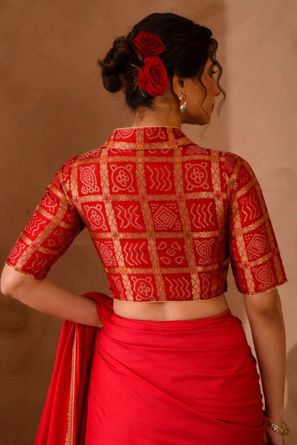 Red  Woven Gharchola collar neck blouse