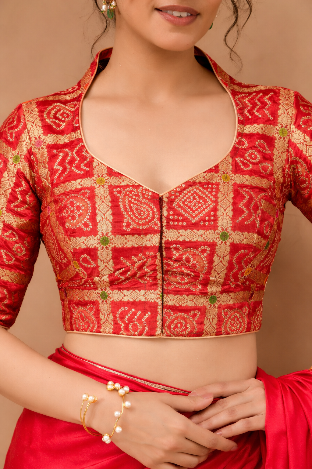 Red  Woven Gharchola collar neck blouse