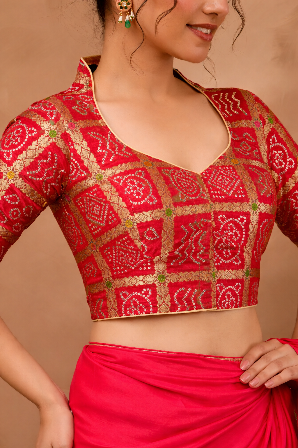 Red  Woven Gharchola collar neck blouse