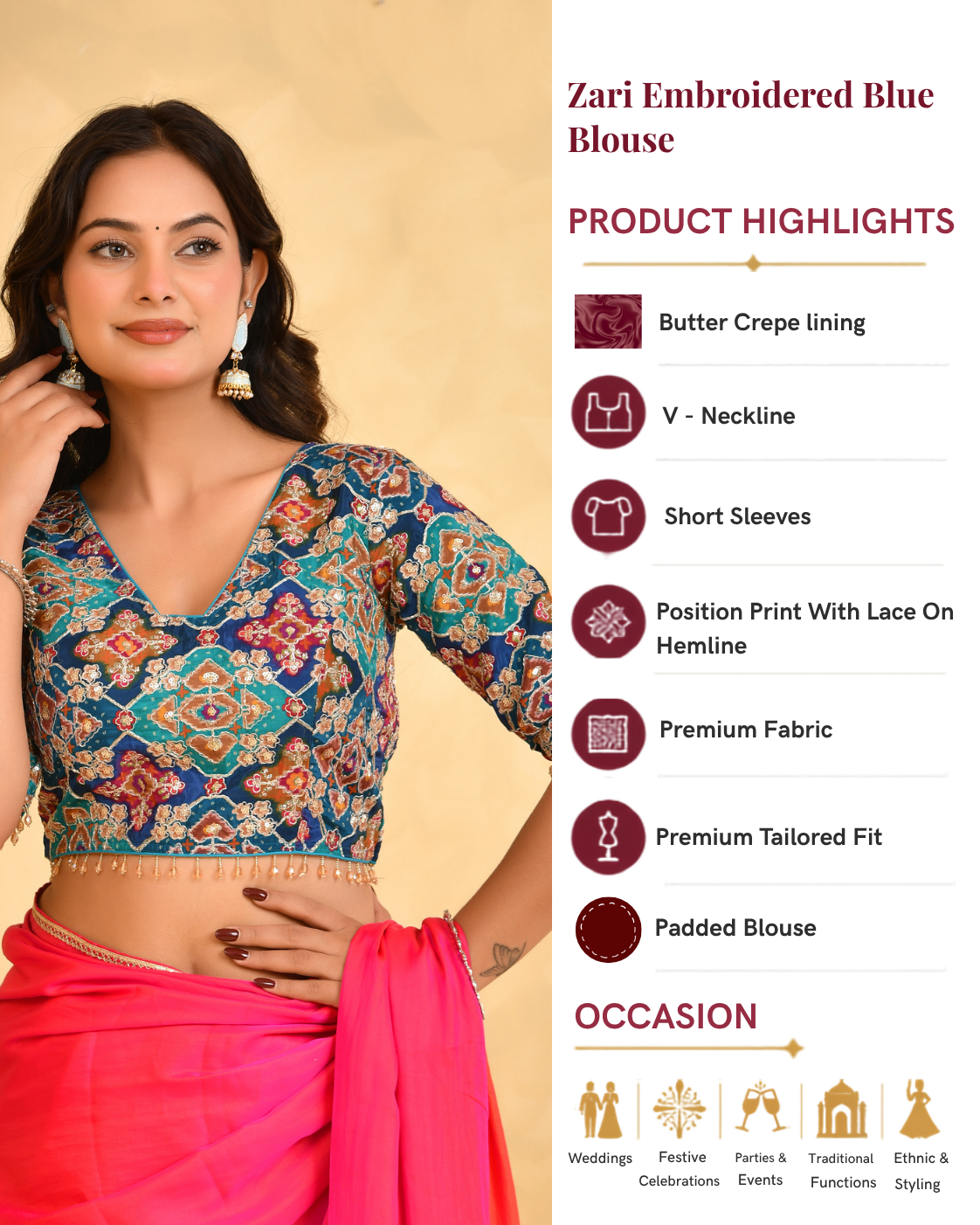 Women's Zari Embroidered Glass Neck Blue Blouse With Sleeves