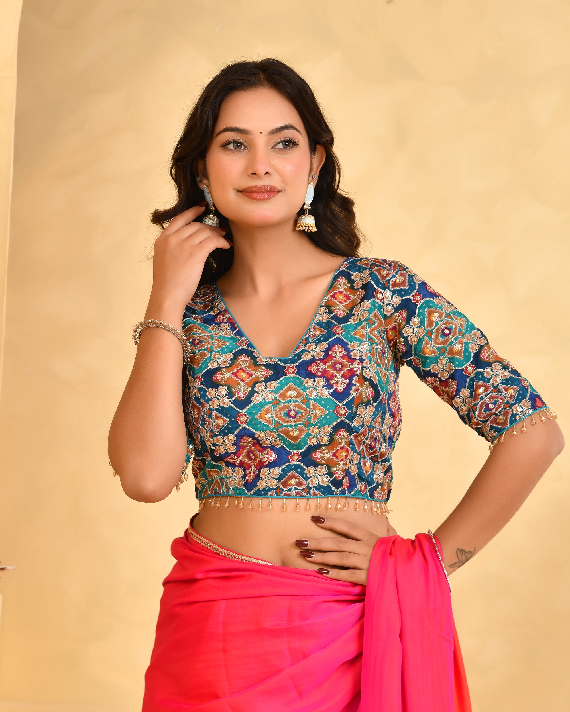 Women's Zari Embroidered Glass Neck Blue Blouse With Sleeves