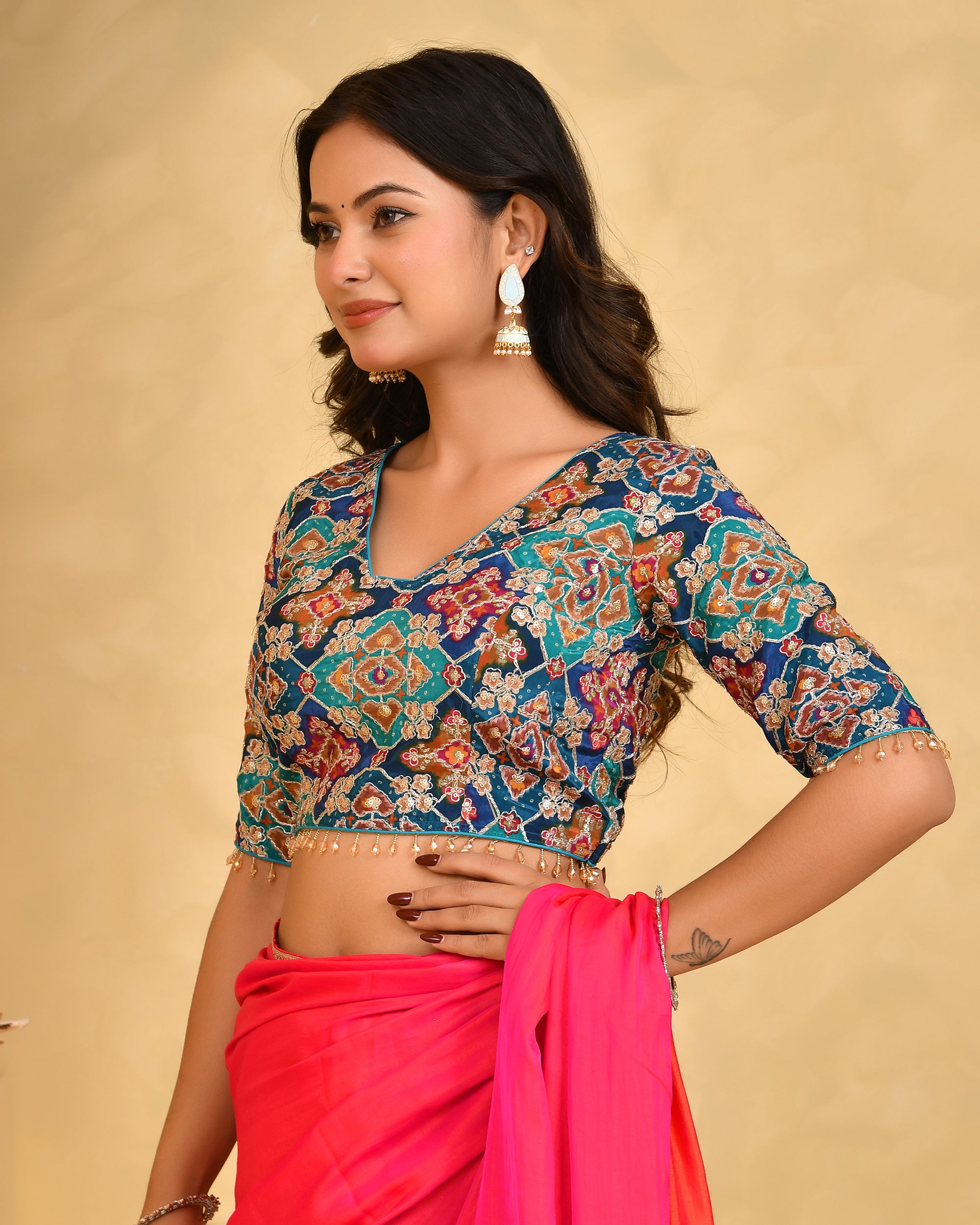 Women's Zari Embroidered Glass Neck Blue Blouse With Sleeves