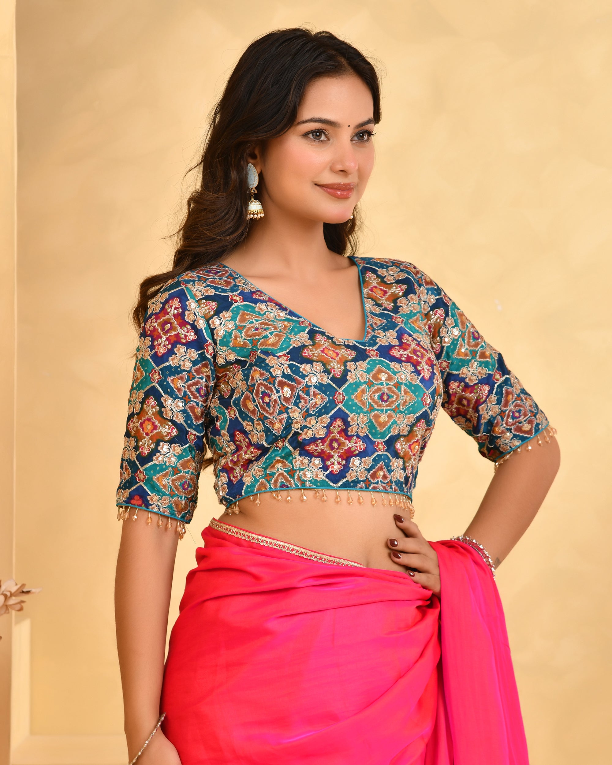 Women's Zari Embroidered Glass Neck Blue Blouse With Sleeves