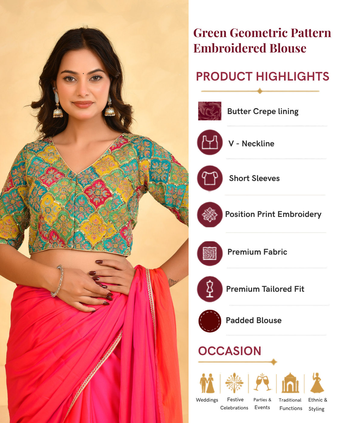 Women's Green Geometric Pattern Embroidered Blouse