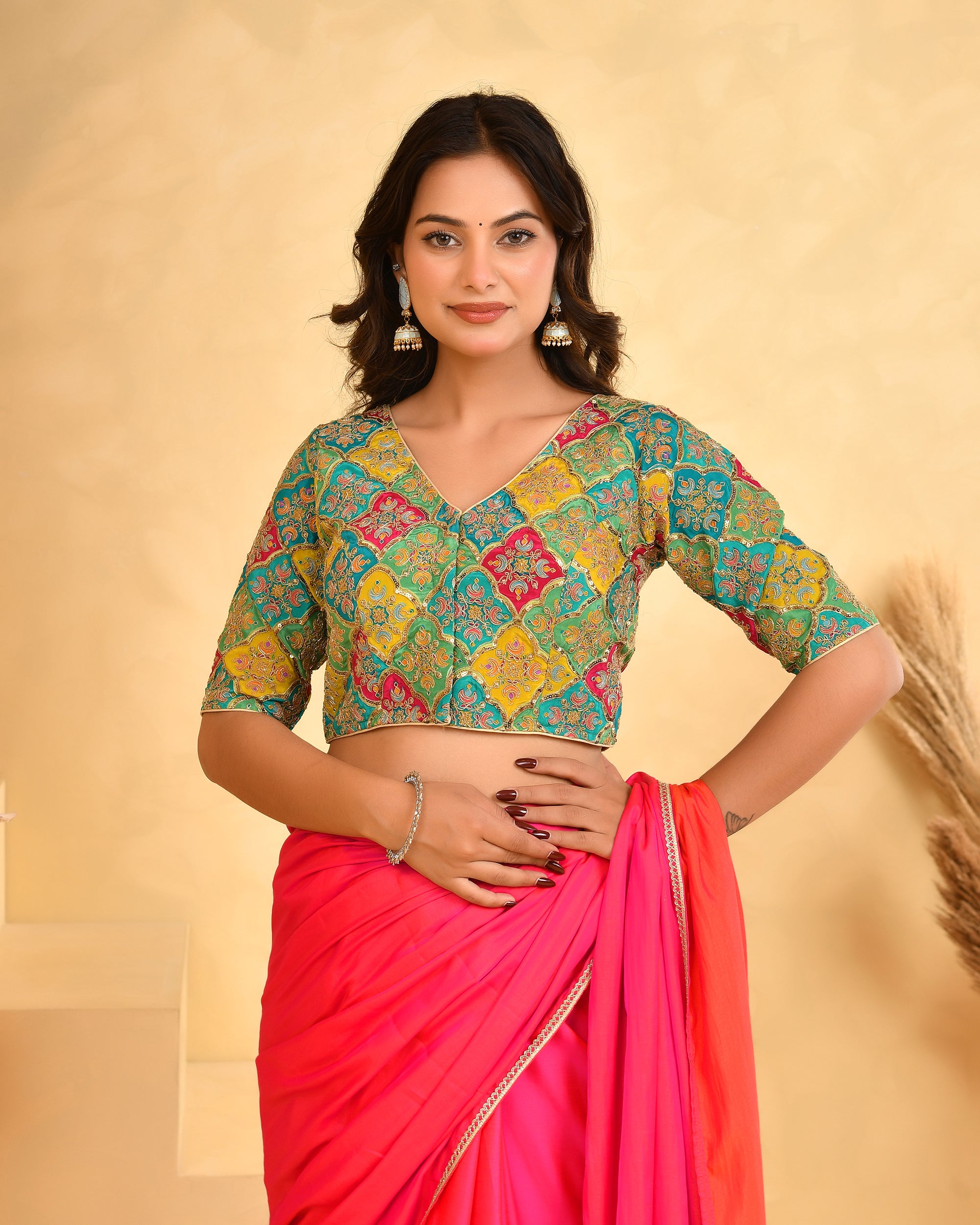 Women's Green Geometric Pattern Embroidered Blouse