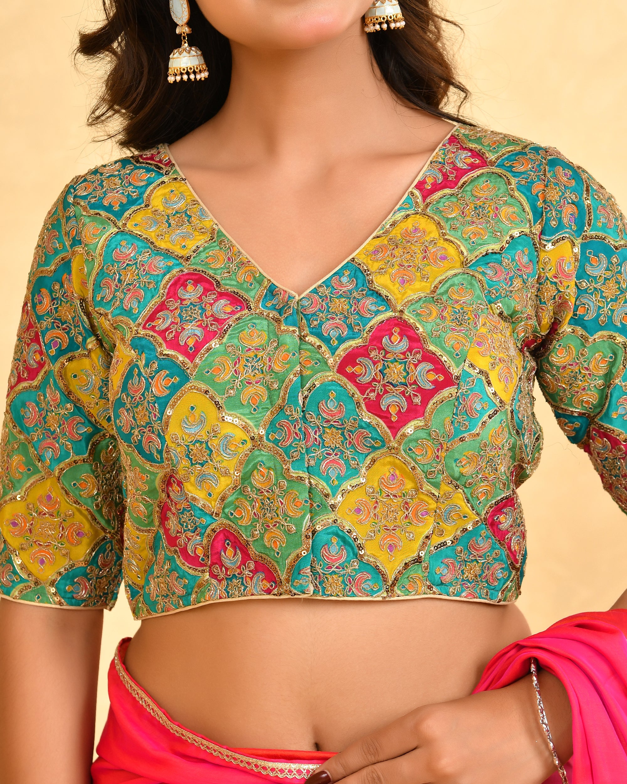 Women's Green Geometric Pattern Embroidered Blouse