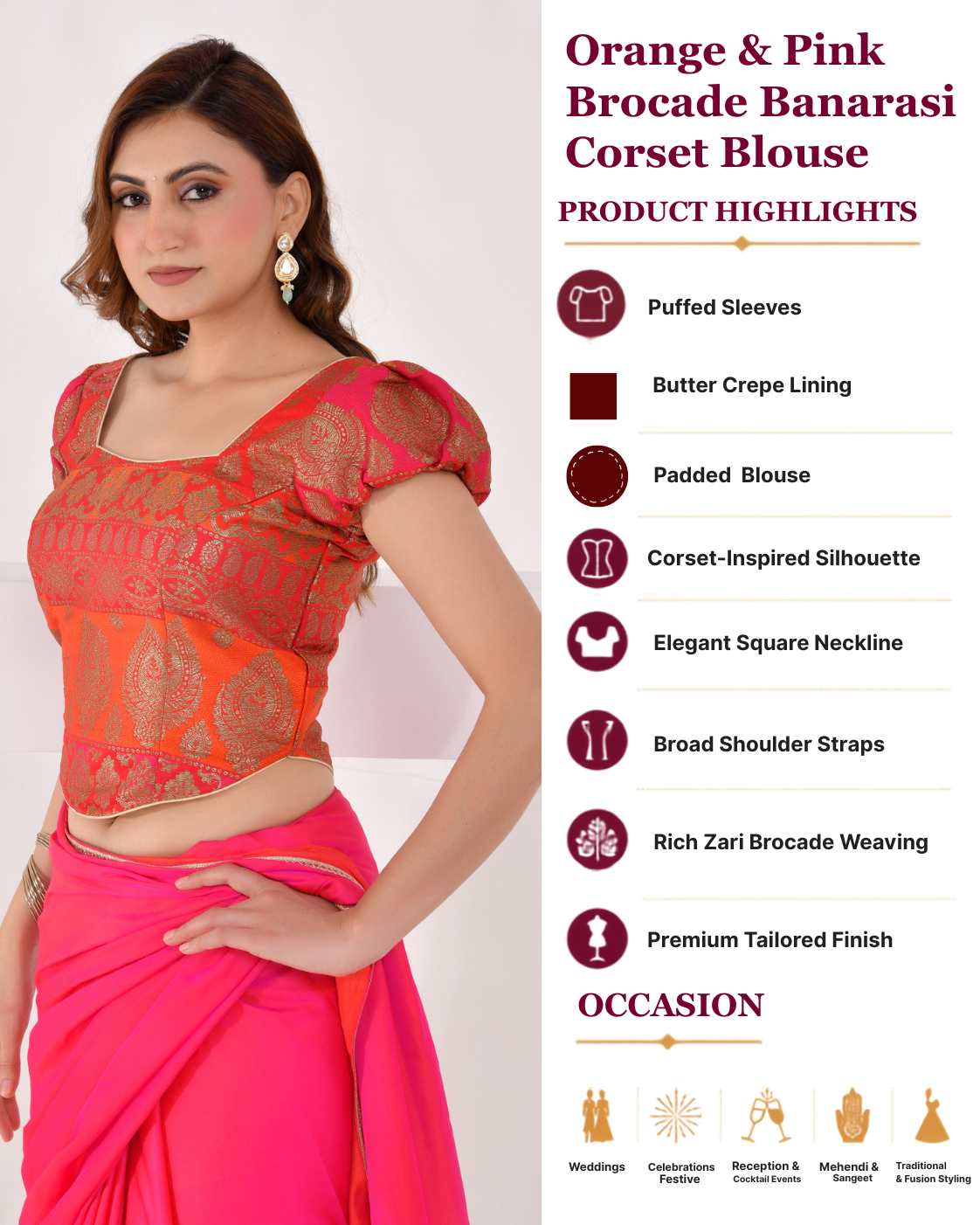 Amodini Designer Studio Women's Woven Banarsi Brocade Red Corset Blouse with Puffed Sleeves