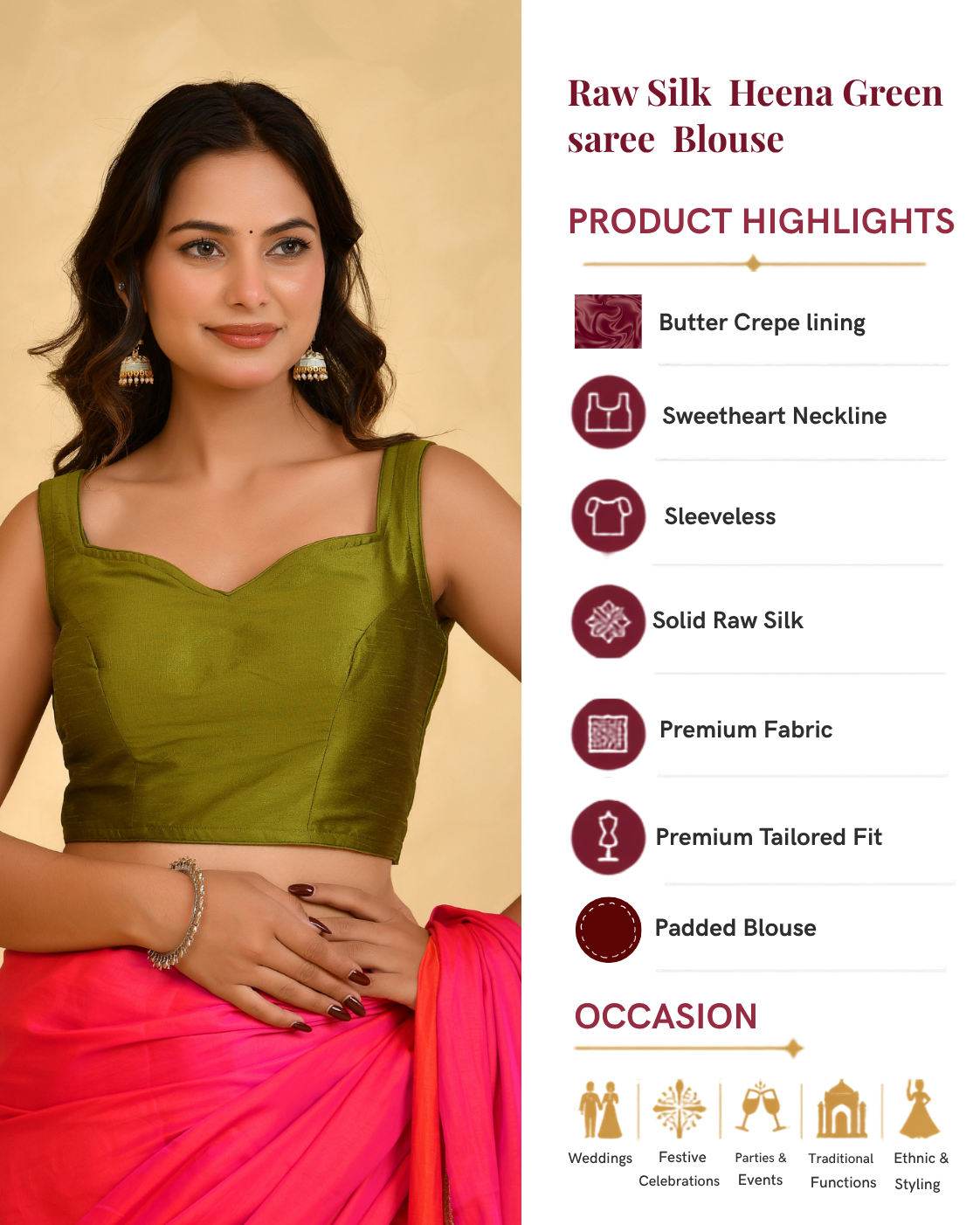 Raw Silk Heena Green Padded Saree Blouse