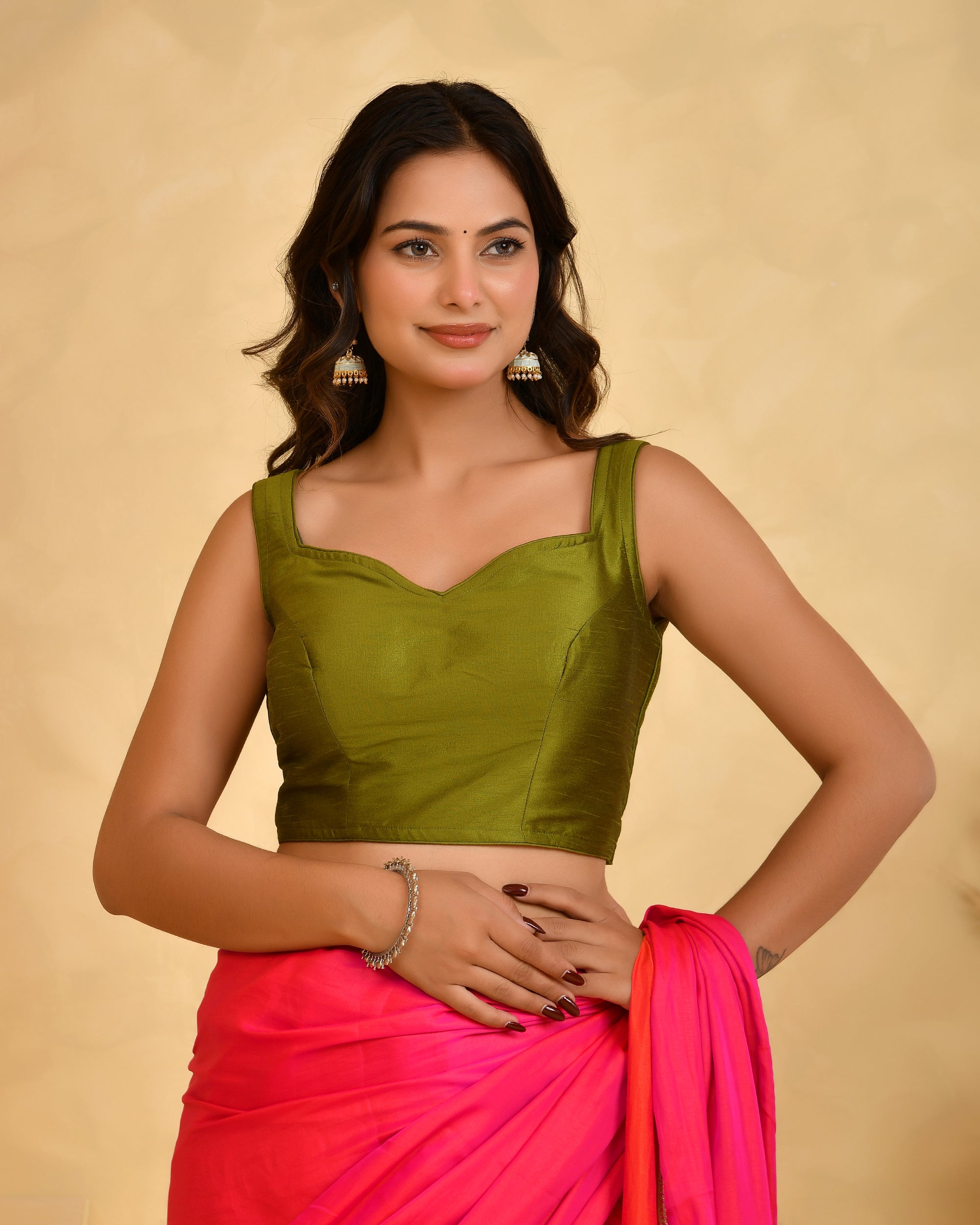 Raw Silk Heena Green Padded Saree Blouse