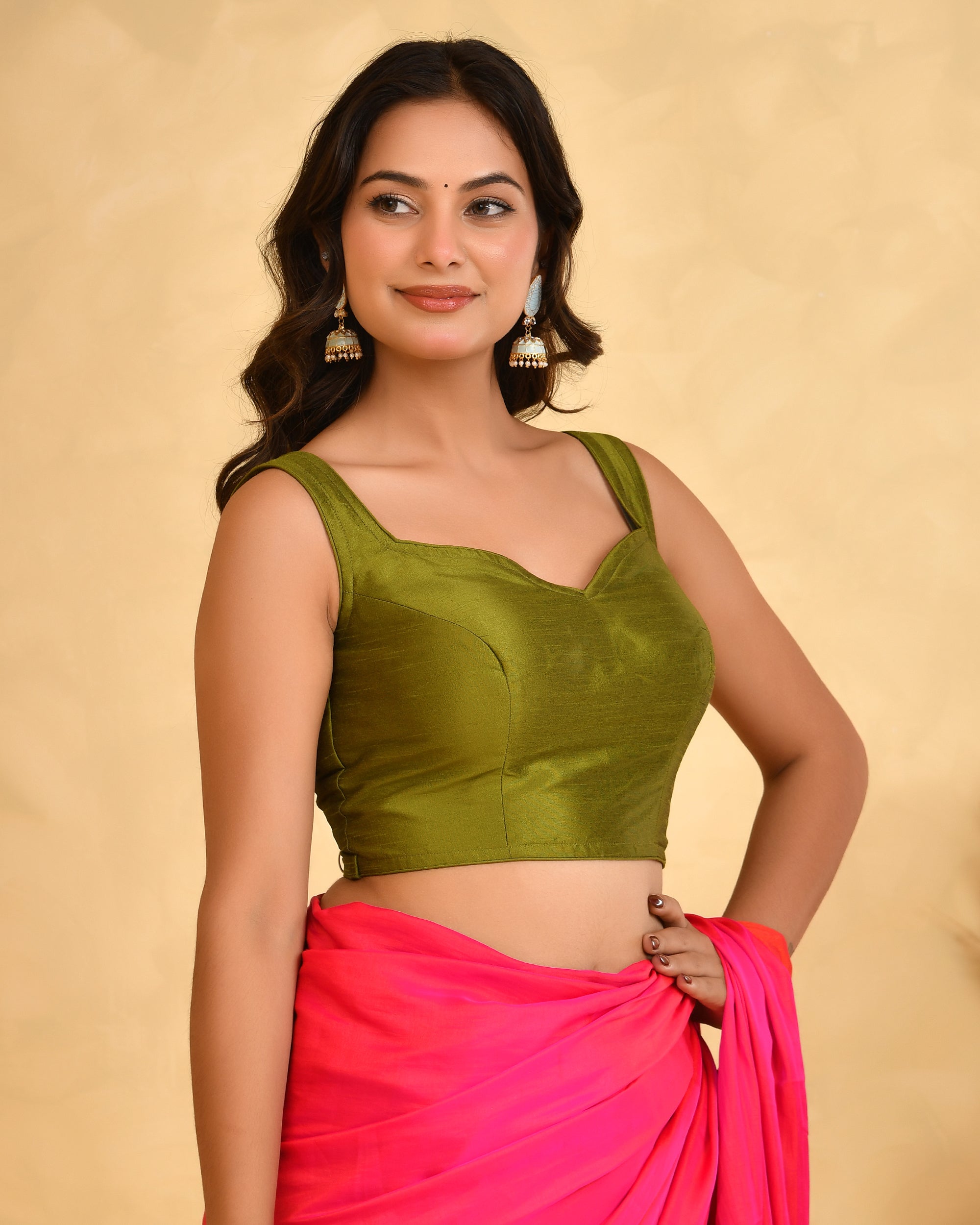 Raw Silk Heena Green Padded Saree Blouse