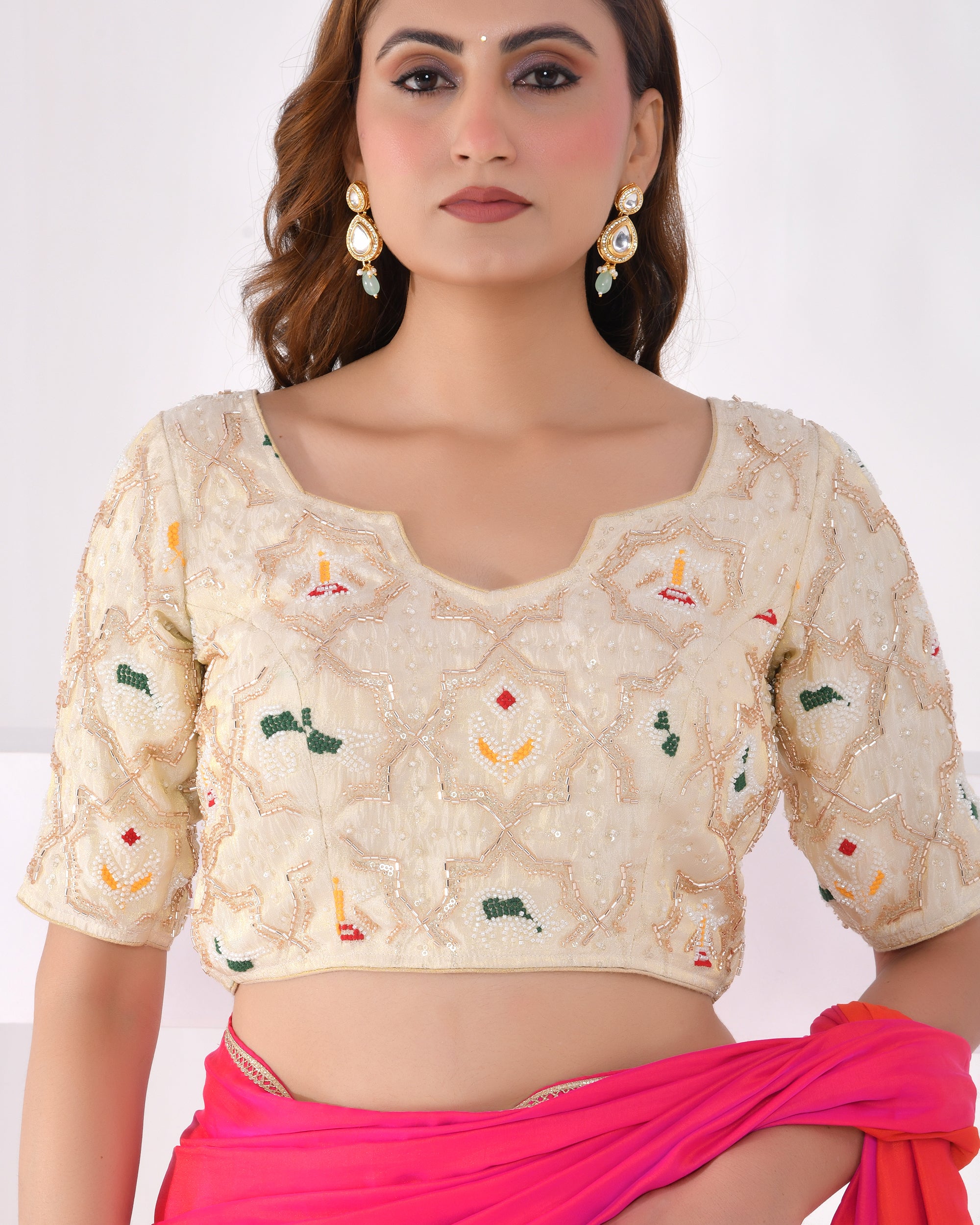 Women's Embellished Golden Saree Blouse With Sleeves