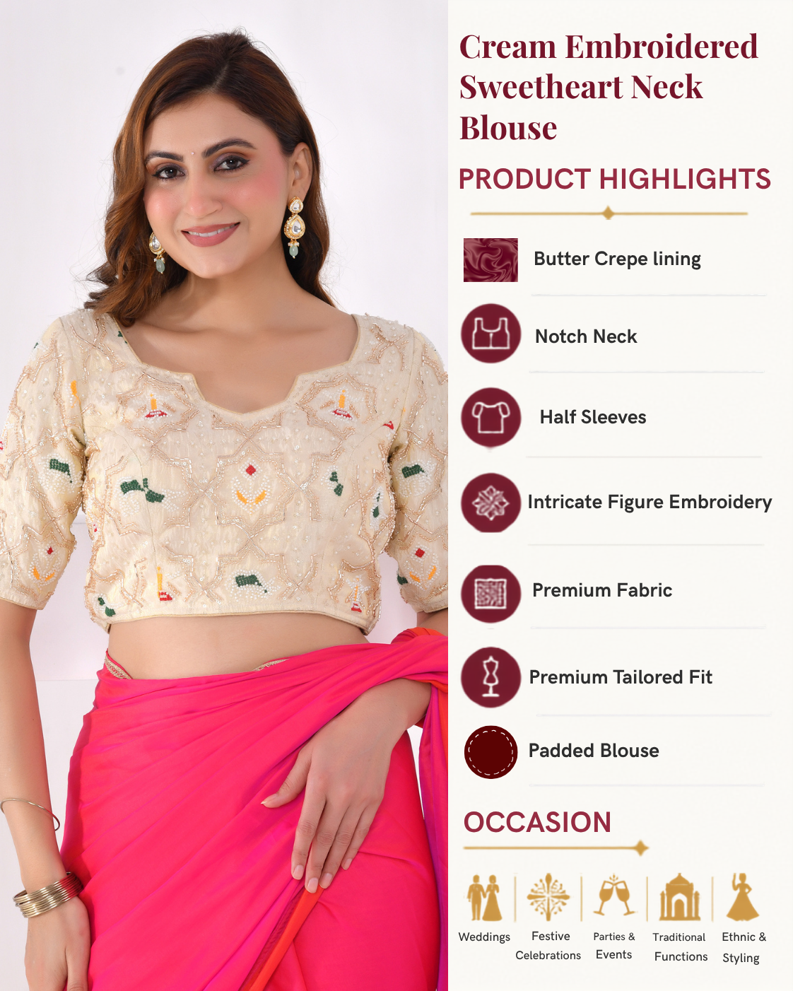 Women's Embellished Golden Saree Blouse With Sleeves