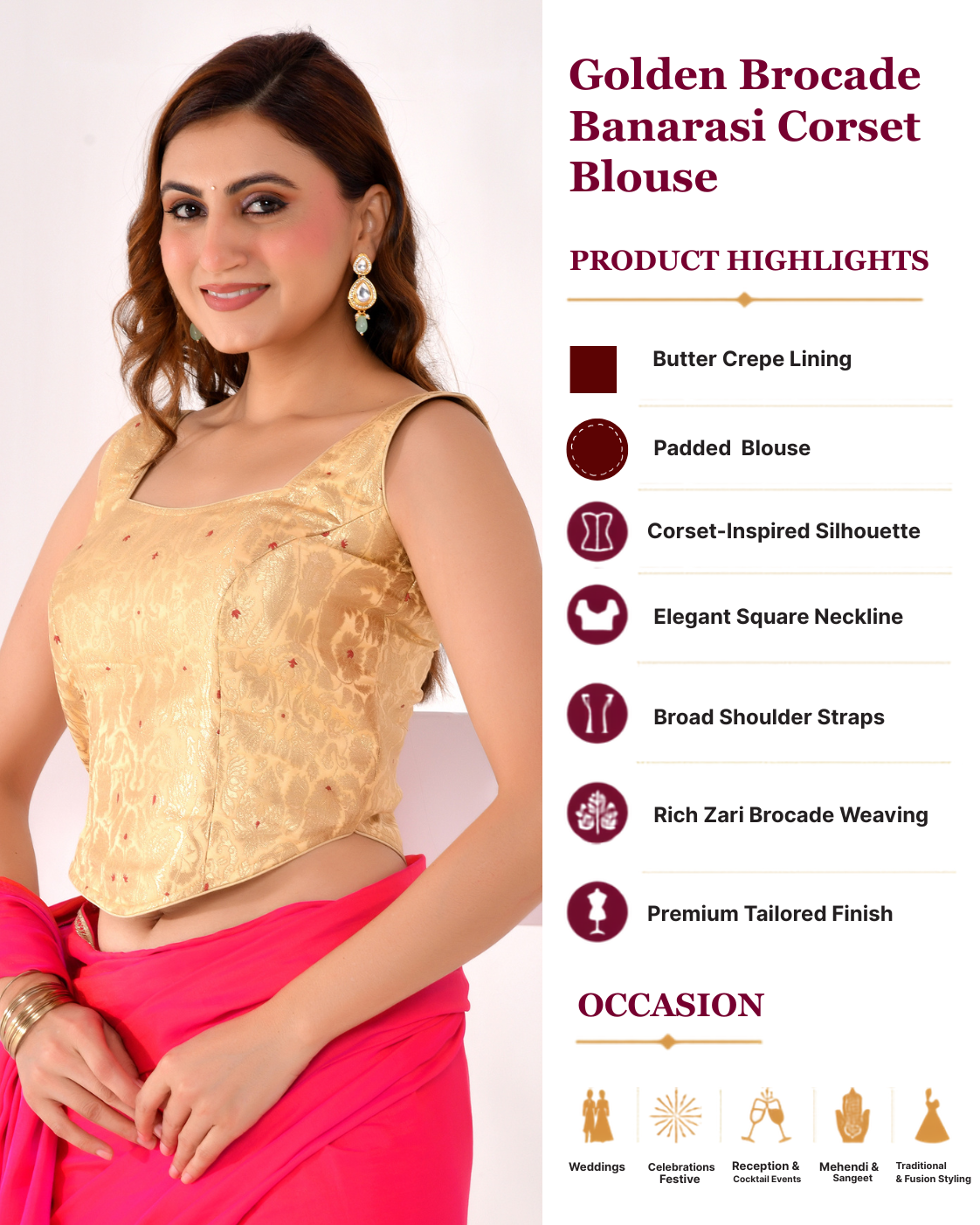 Women's Woven Banarsi Brocade Golden Corset Blouse