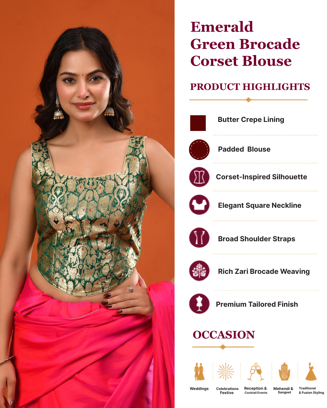 Women's Woven Banarsi Brocade Green Corset Blouse