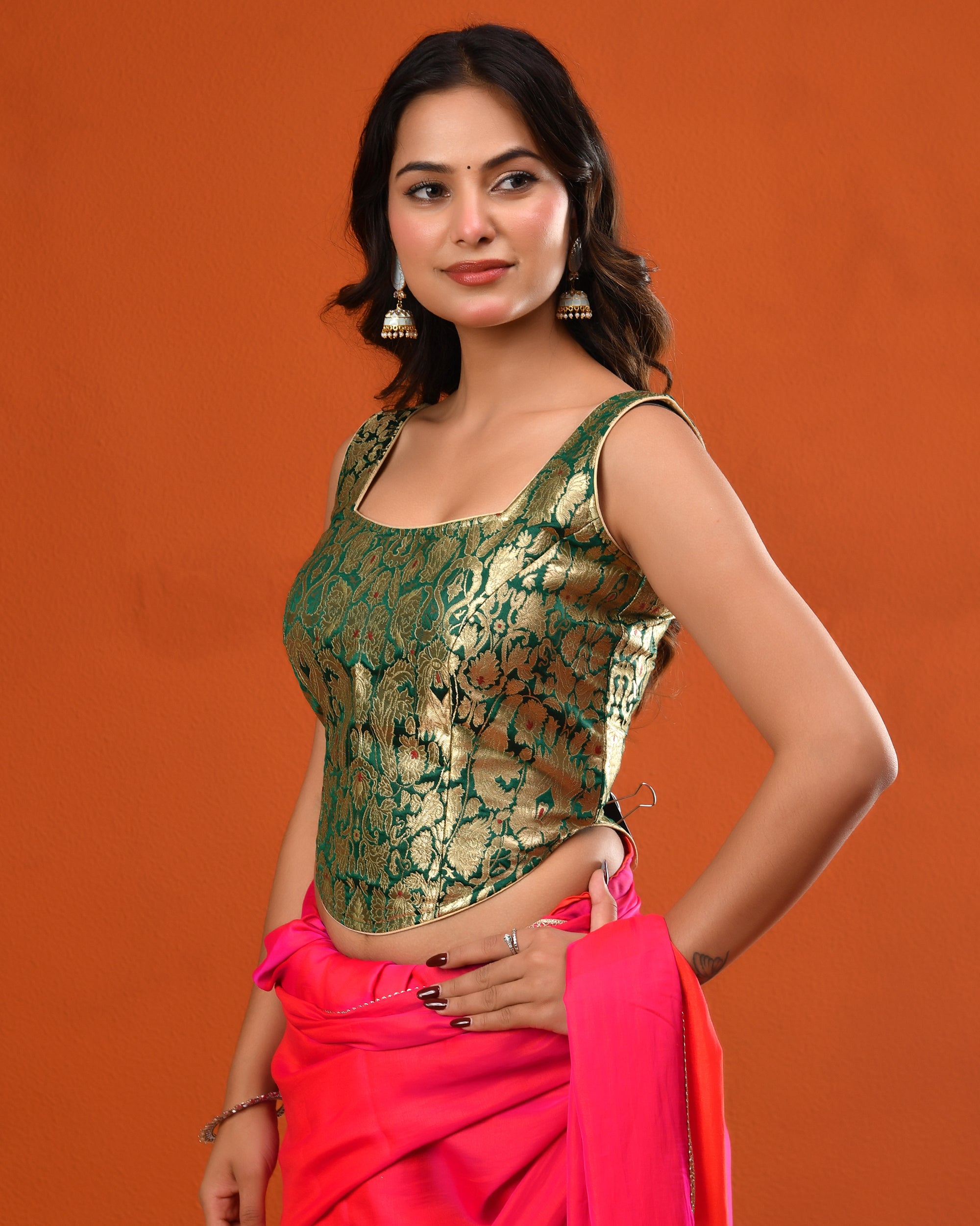 Women's Woven Banarsi Brocade Green Corset Blouse