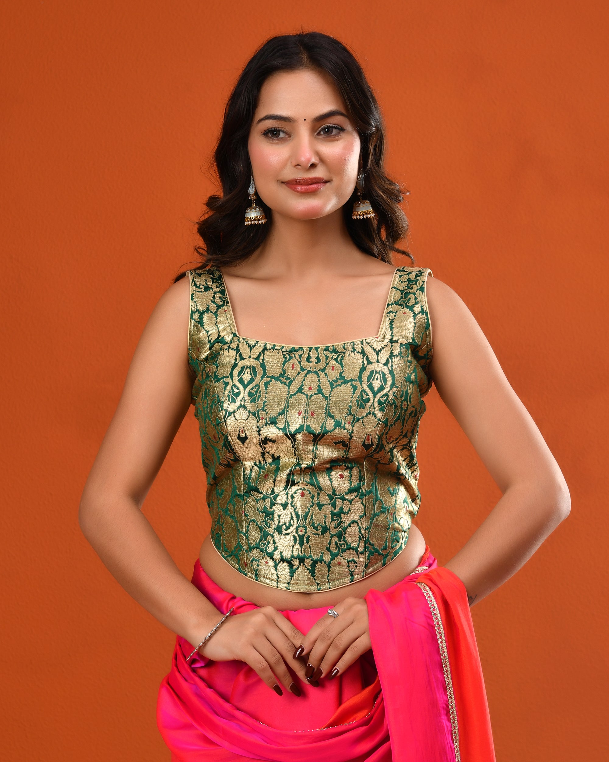 Women's Woven Banarsi Brocade Green Corset Blouse
