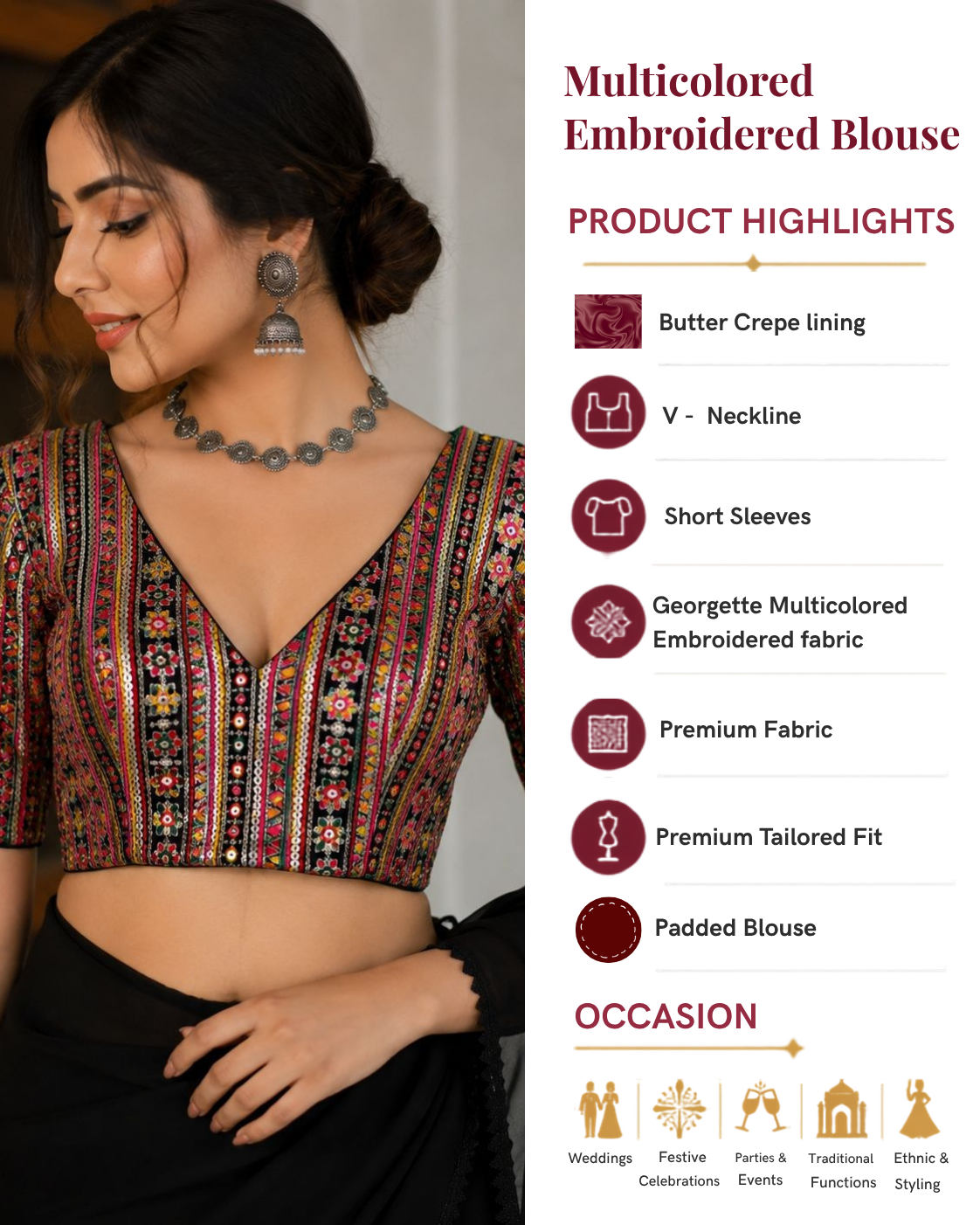 Women's Black Multicolored Embroidered Blouse with Sleeves