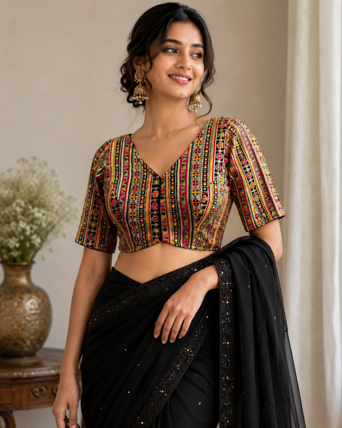 Women's Black Multicolored Embroidered Blouse with Sleeves