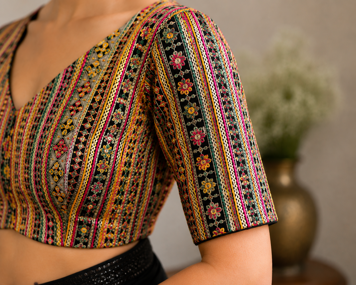 Women's Black Multicolored Embroidered Blouse with Sleeves