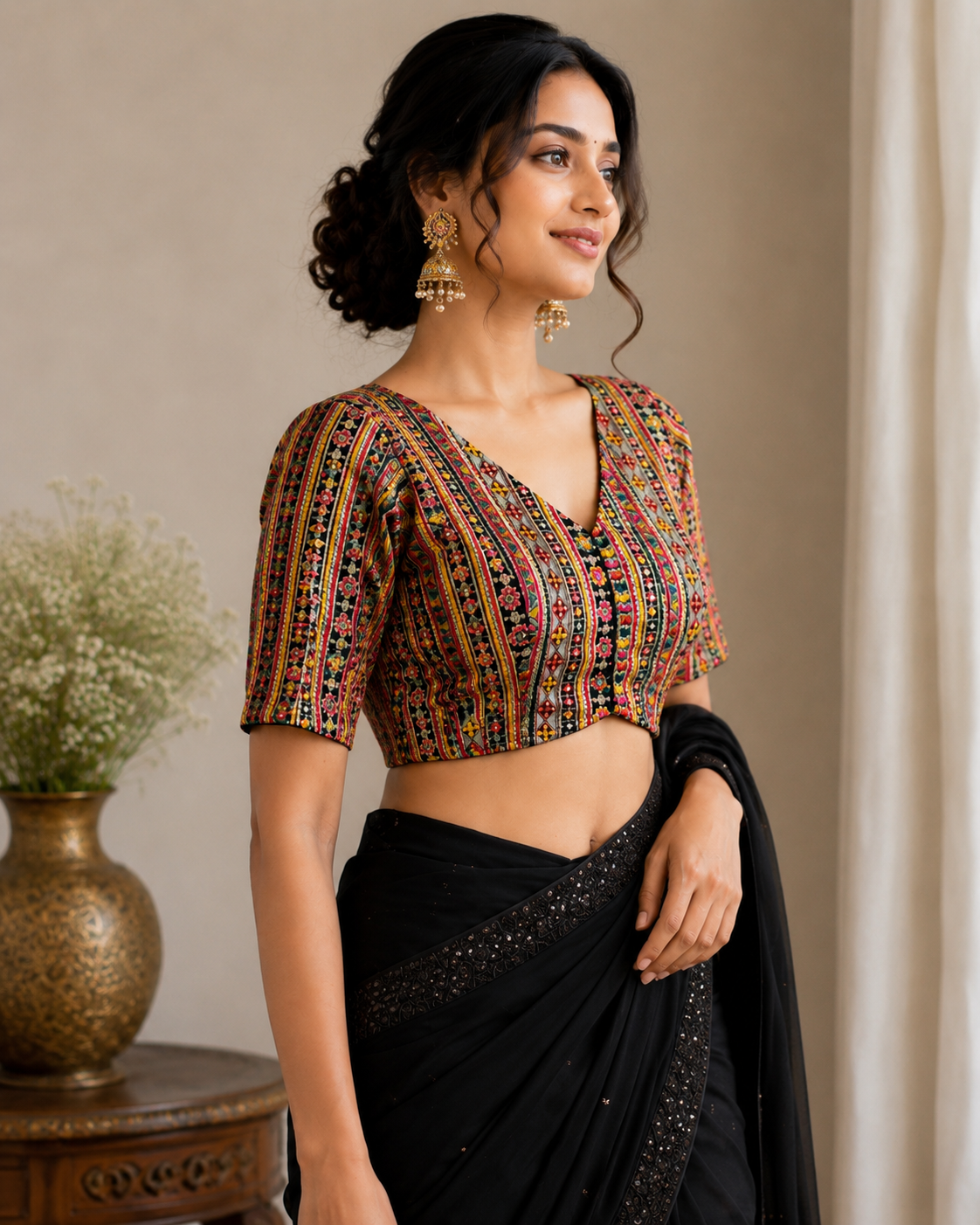 Women's Black Multicolored Embroidered Blouse with Sleeves