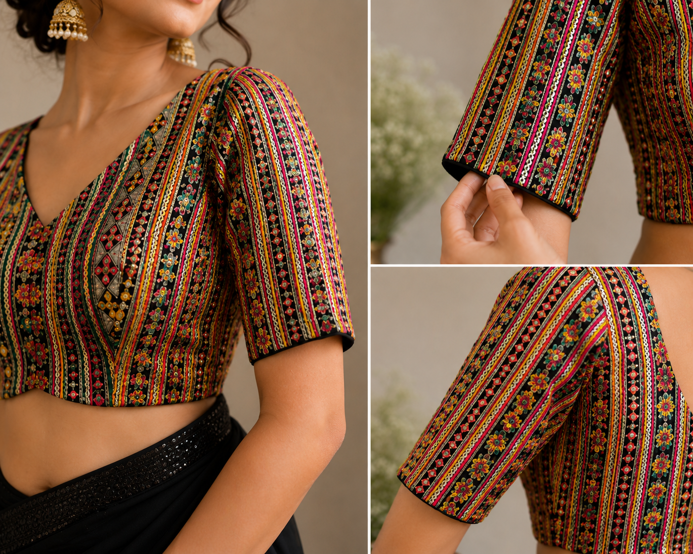 Women's Black Multicolored Embroidered Blouse with Sleeves