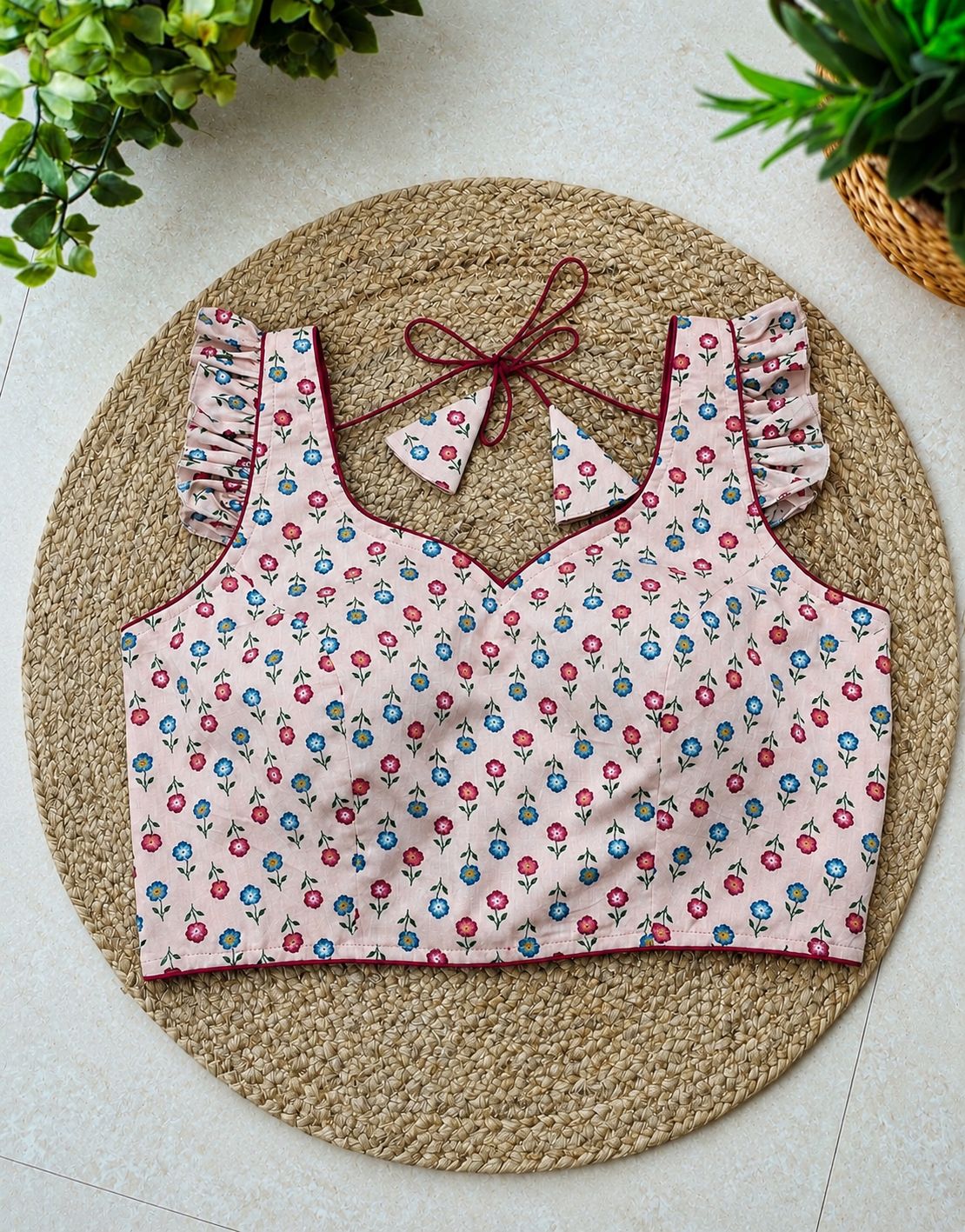 Women's Peach Cotton Floral Printed Saree Blouse with Ruffle Sleeves & Back Tie-Up