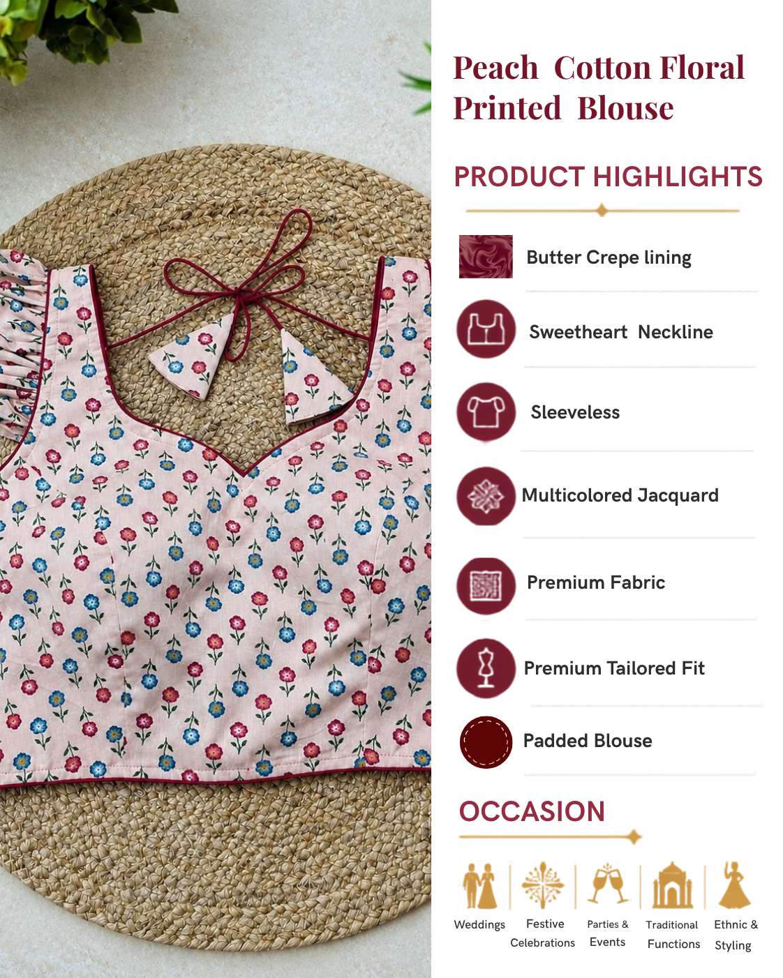 Women's Peach Cotton Floral Printed Saree Blouse with Ruffle Sleeves & Back Tie-Up