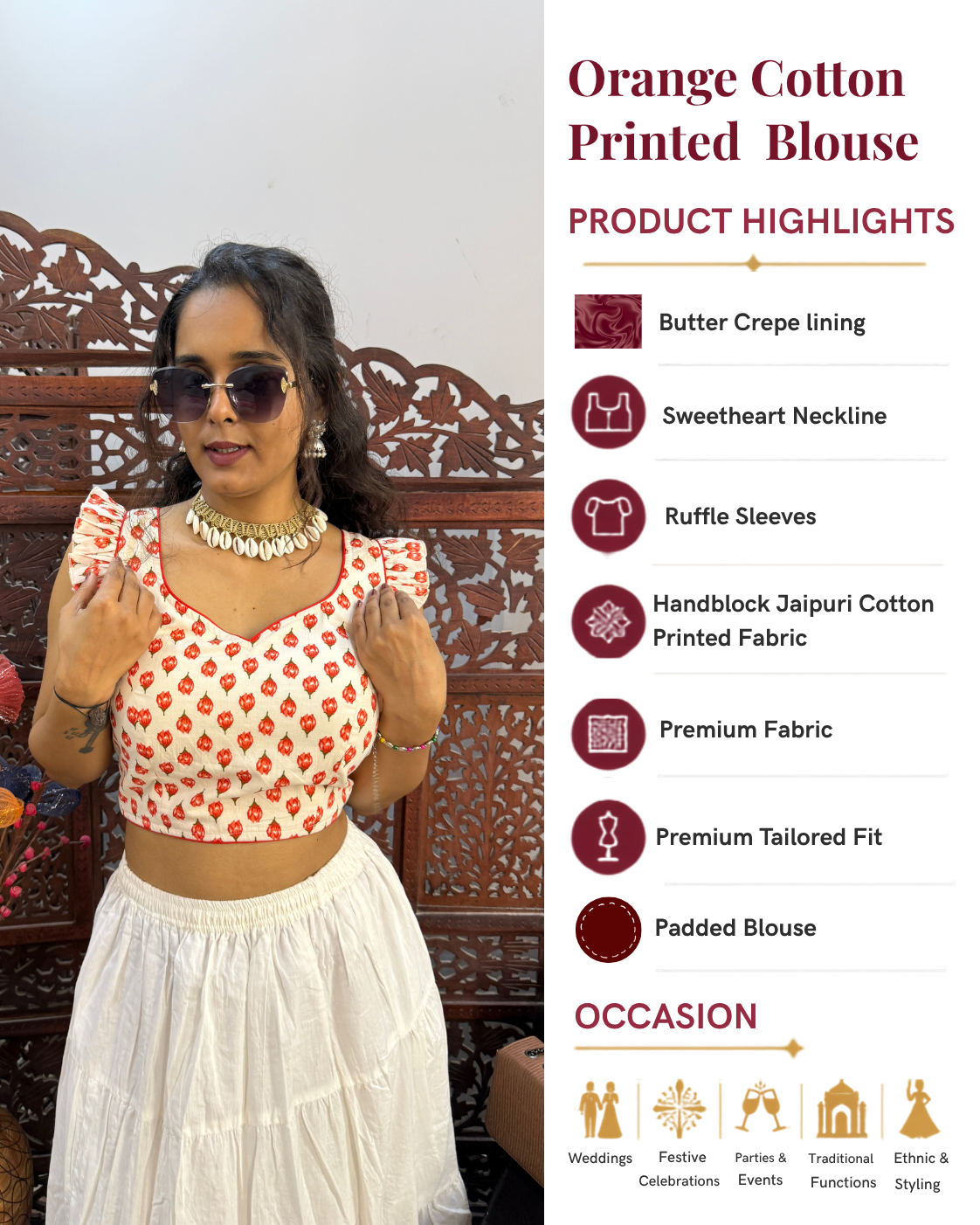 Women's Orange Cotton Printed Saree Blouse with Ruffle Sleeves and Back Dori