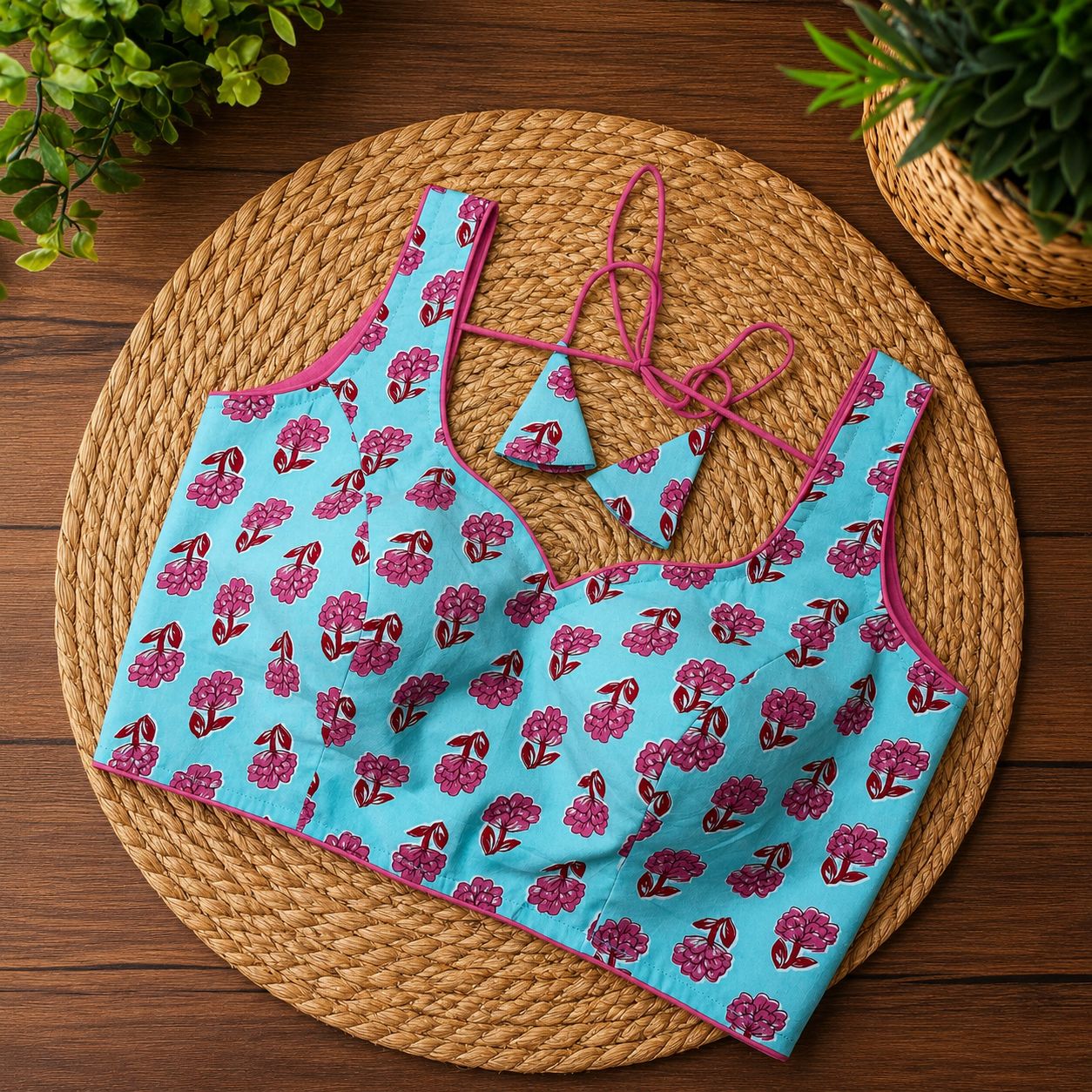 Sky Blue Cotton Saree Blouse, Pink Floral Print Blouse, Sleeveless Tie-Up Back