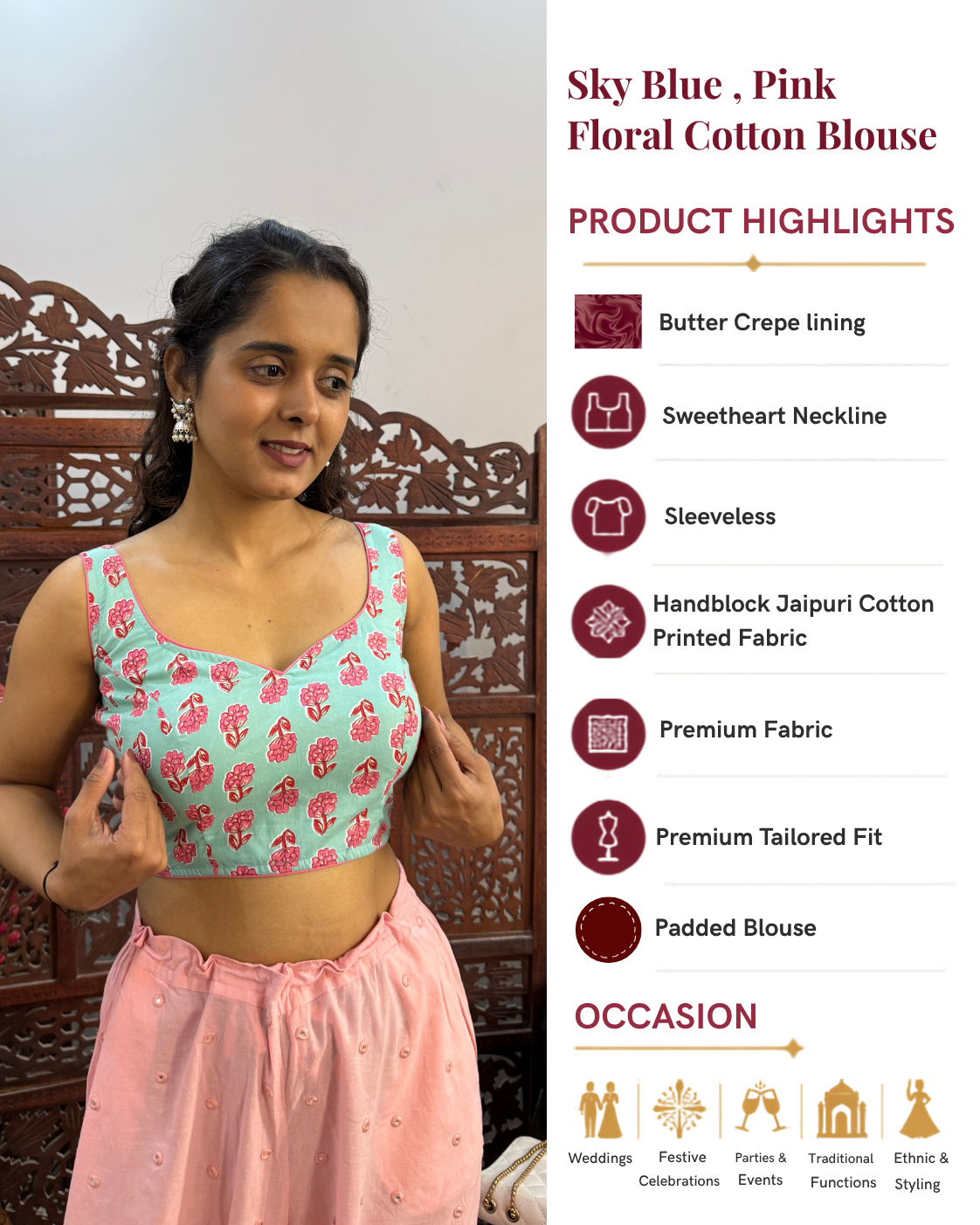 Sky Blue Cotton Saree Blouse, Pink Floral Print Blouse, Sleeveless Tie-Up Back