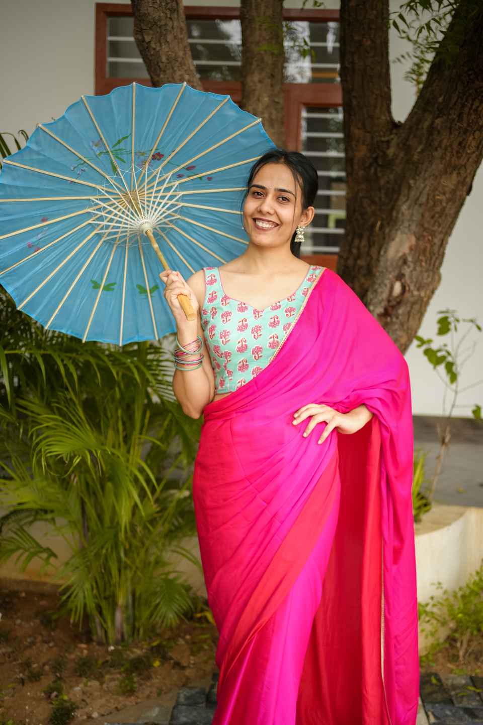 Sky Blue Cotton Saree Blouse, Pink Floral Print Blouse, Sleeveless Tie-Up Back