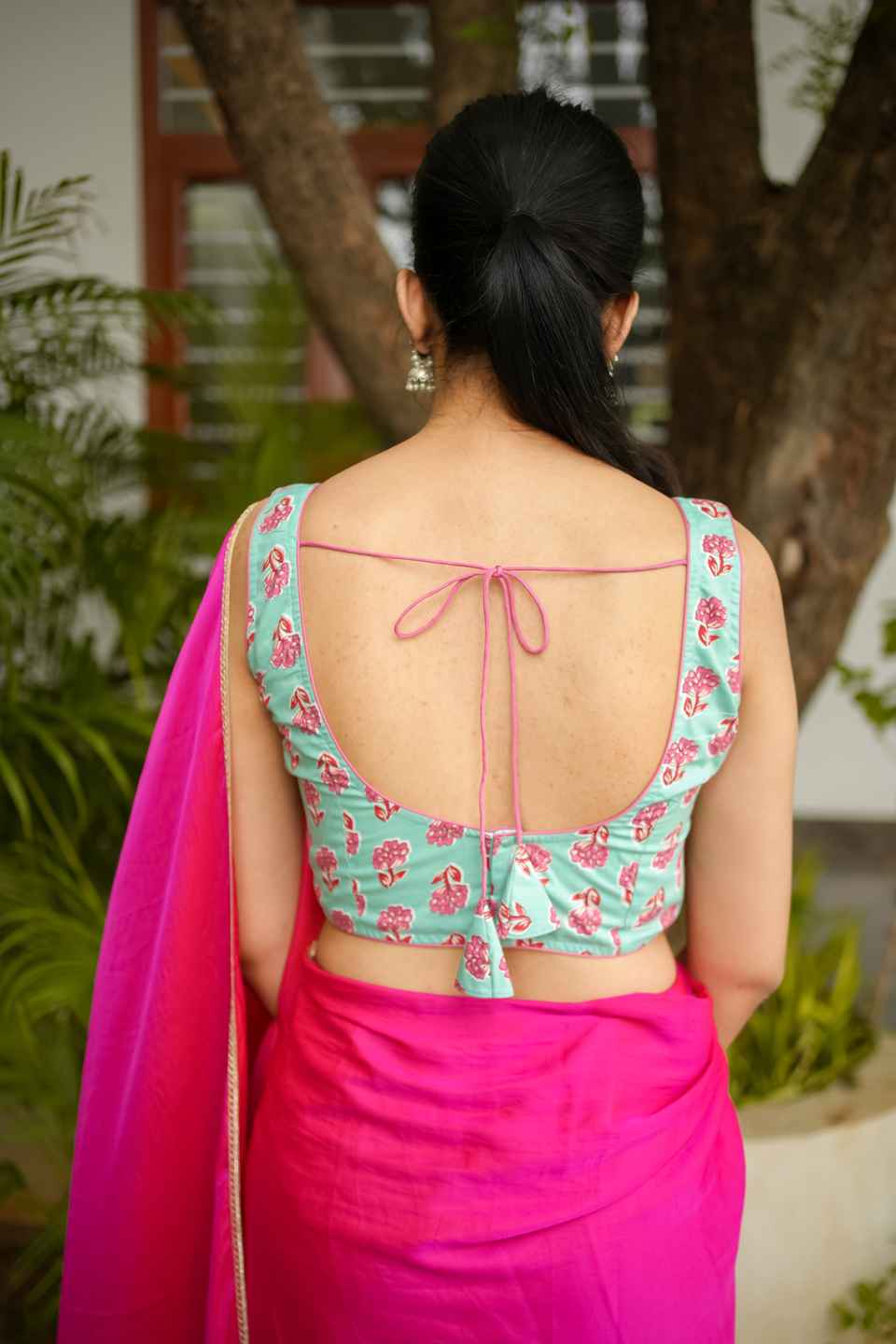 Sky Blue Cotton Saree Blouse, Pink Floral Print Blouse, Sleeveless Tie-Up Back