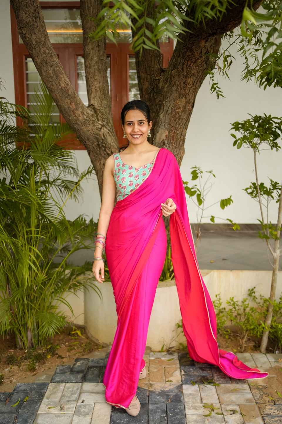 Sky Blue Cotton Saree Blouse, Pink Floral Print Blouse, Sleeveless Tie-Up Back