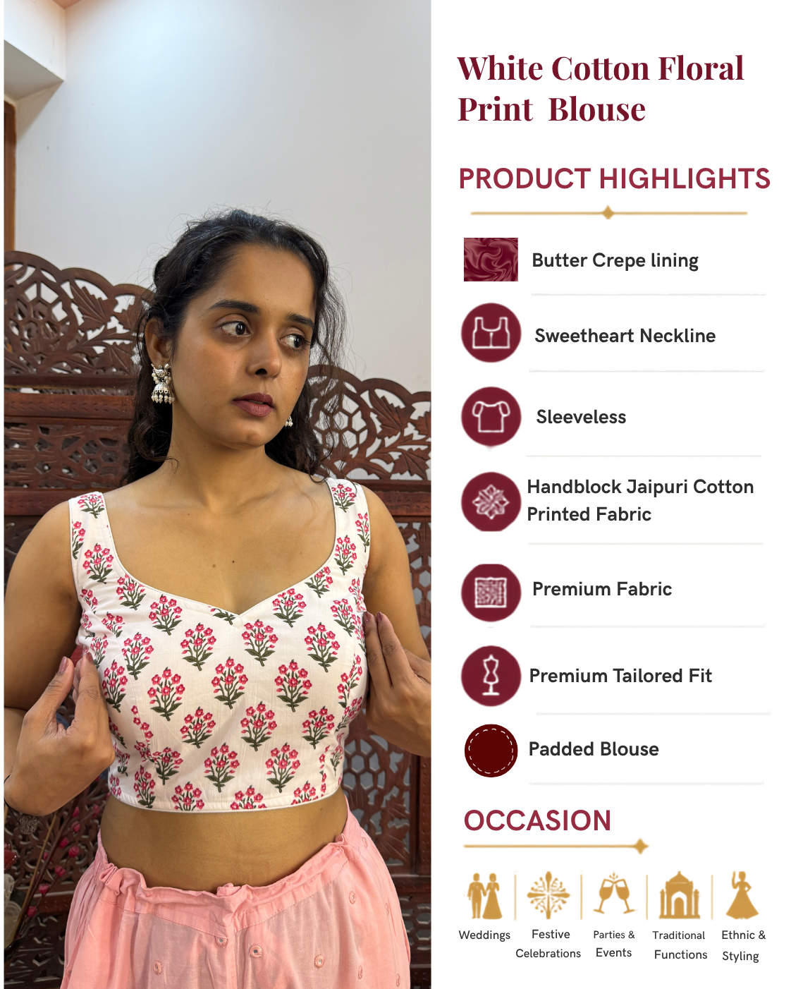 White Cotton Floral Print Saree Blouse for Women