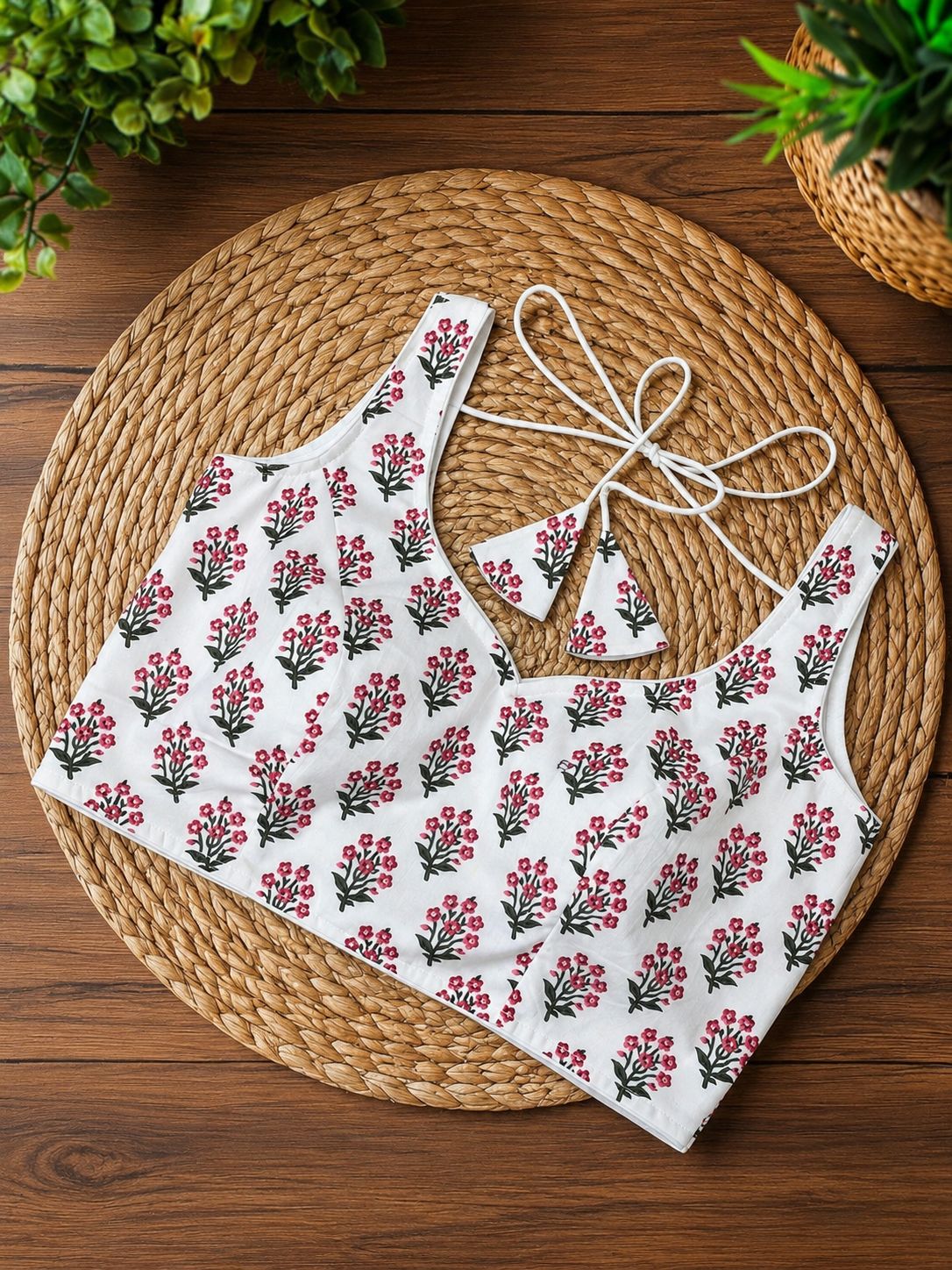 White Cotton Floral Print Saree Blouse for Women