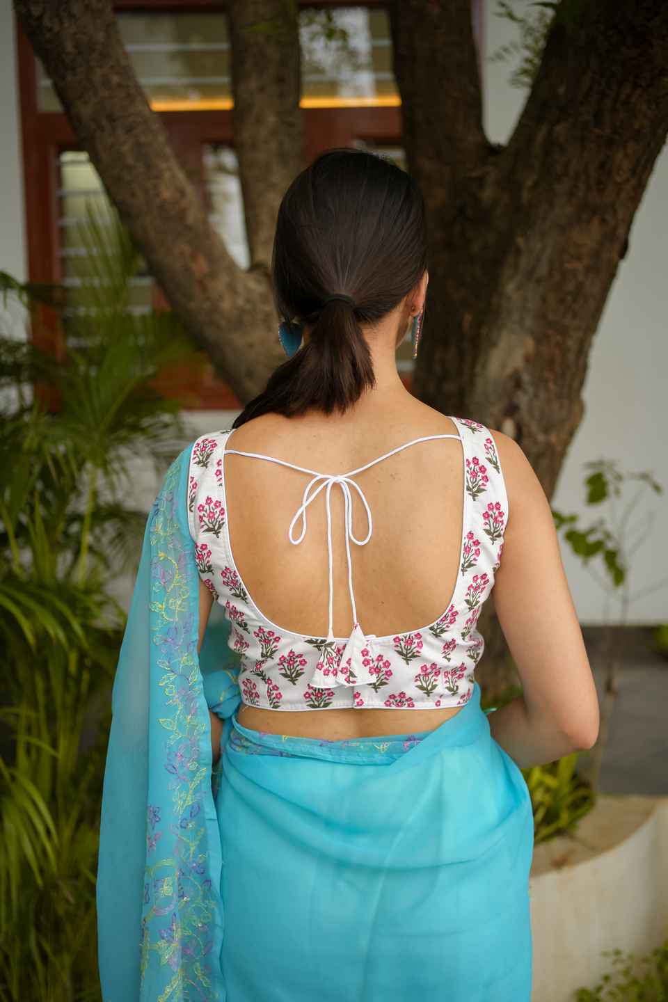 White Cotton Floral Print Saree Blouse for Women