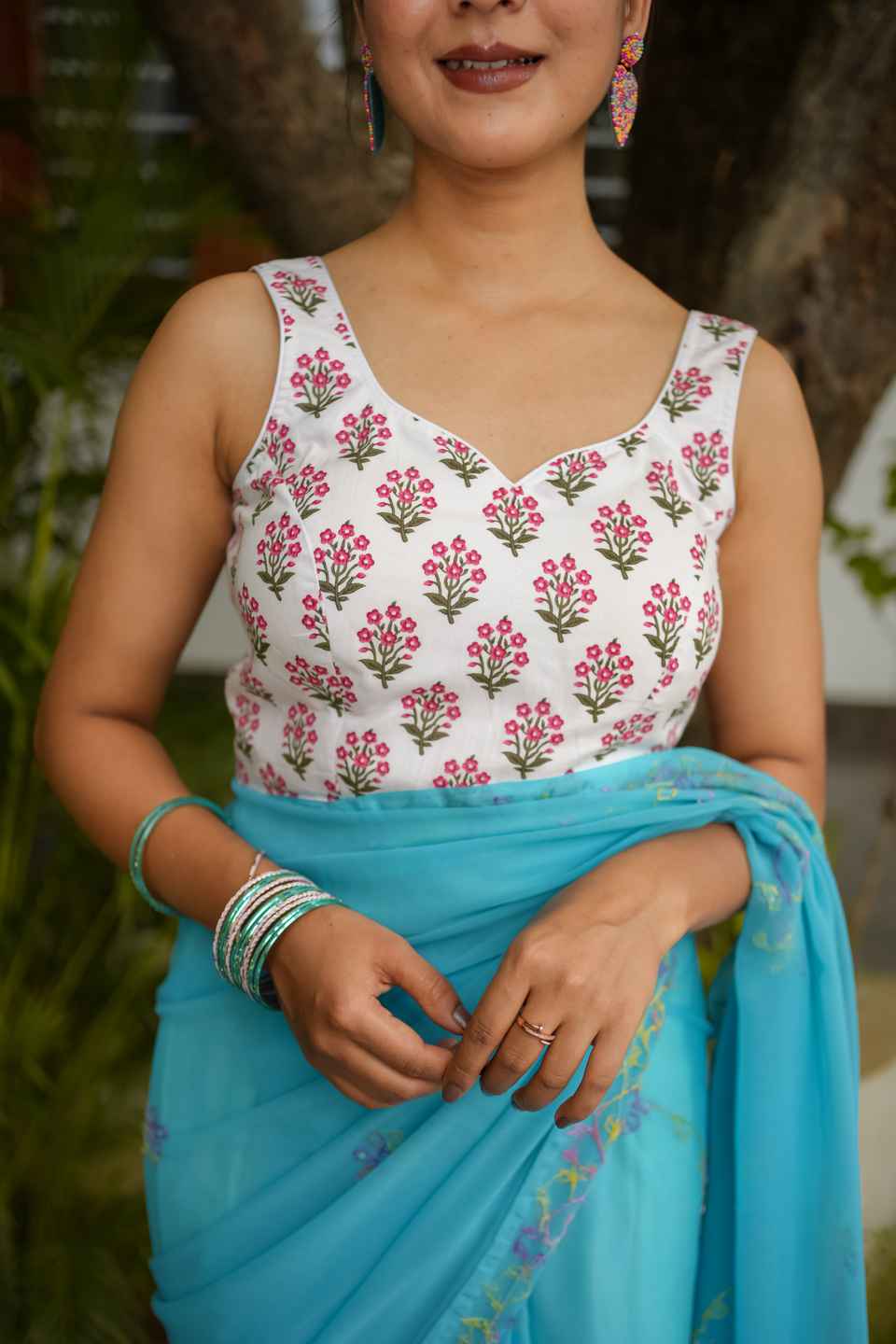 White Cotton Floral Print Saree Blouse for Women