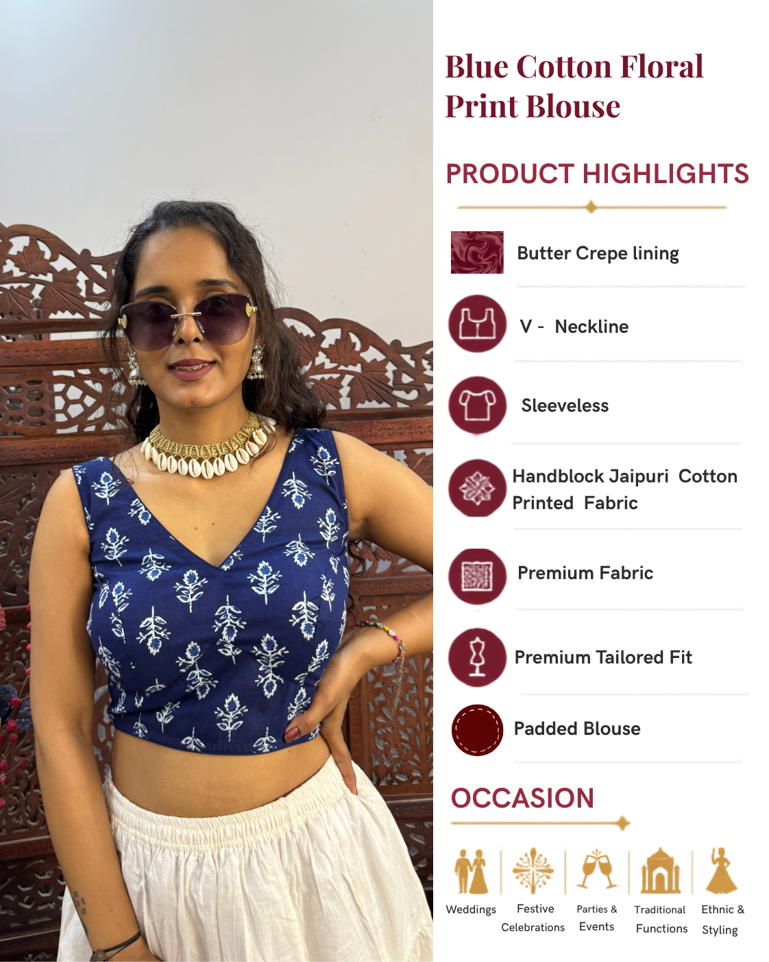 Blue Cotton Floral Print Saree Blouse for Women