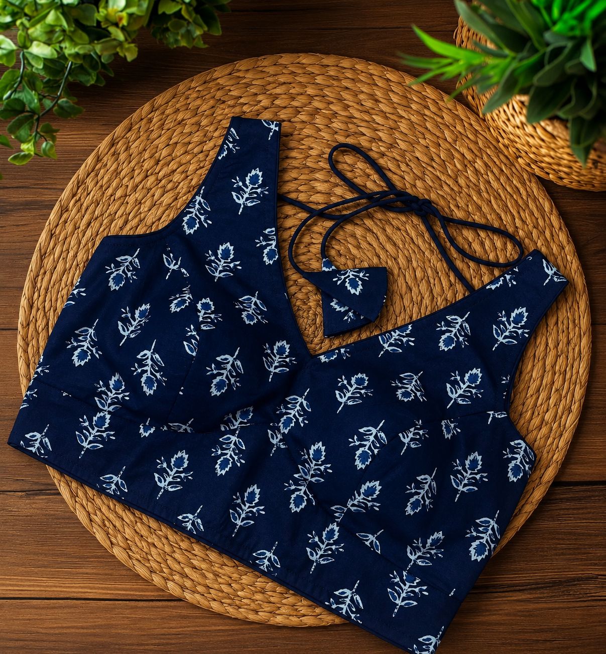 Blue Cotton Floral Print Saree Blouse for Women