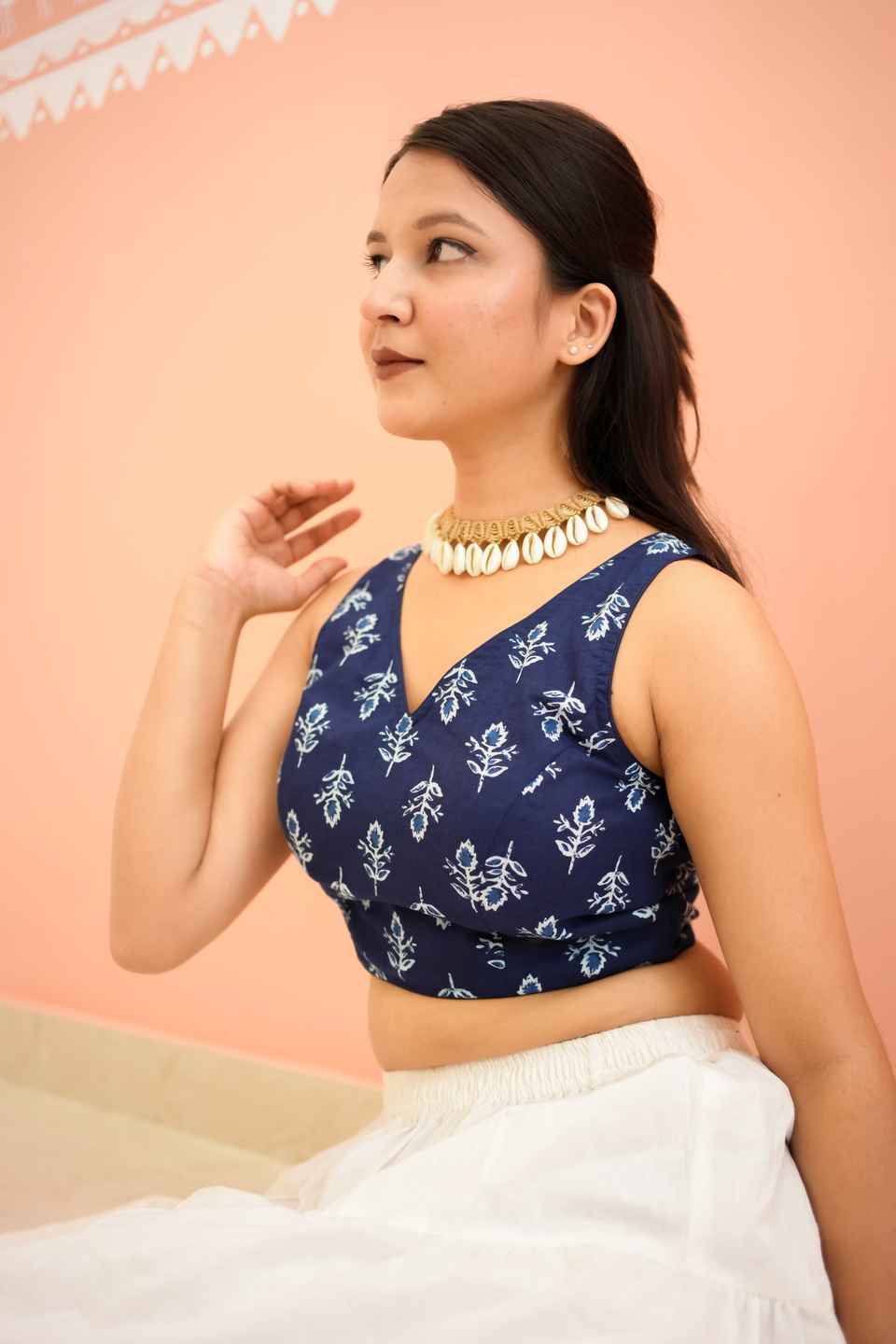 Blue Cotton Floral Print Saree Blouse for Women