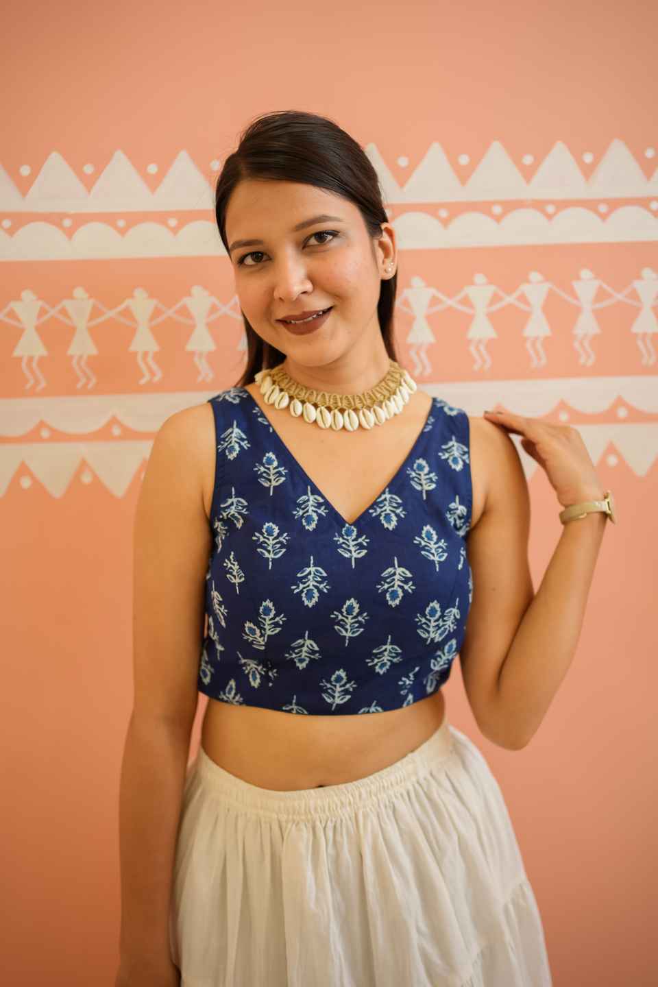 Blue Cotton Floral Print Saree Blouse for Women