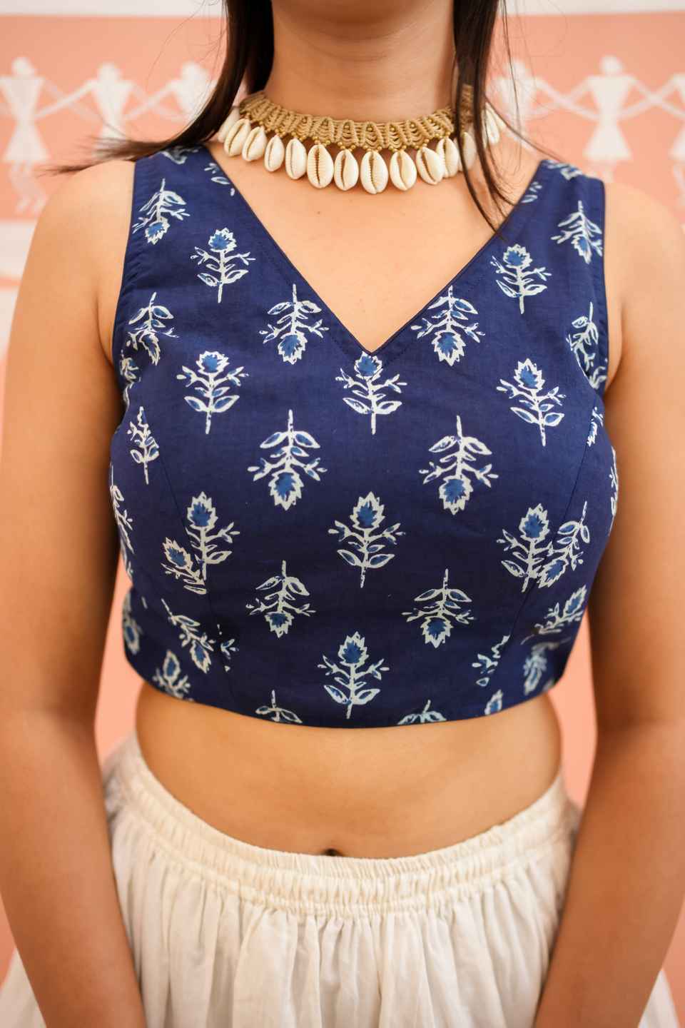 Blue Cotton Floral Print Saree Blouse for Women