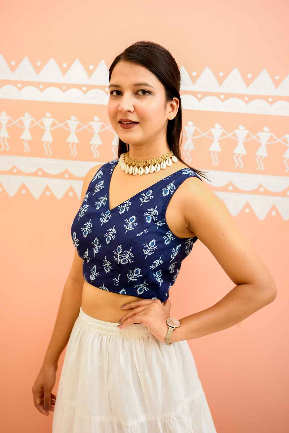 Blue Cotton Floral Print Saree Blouse for Women