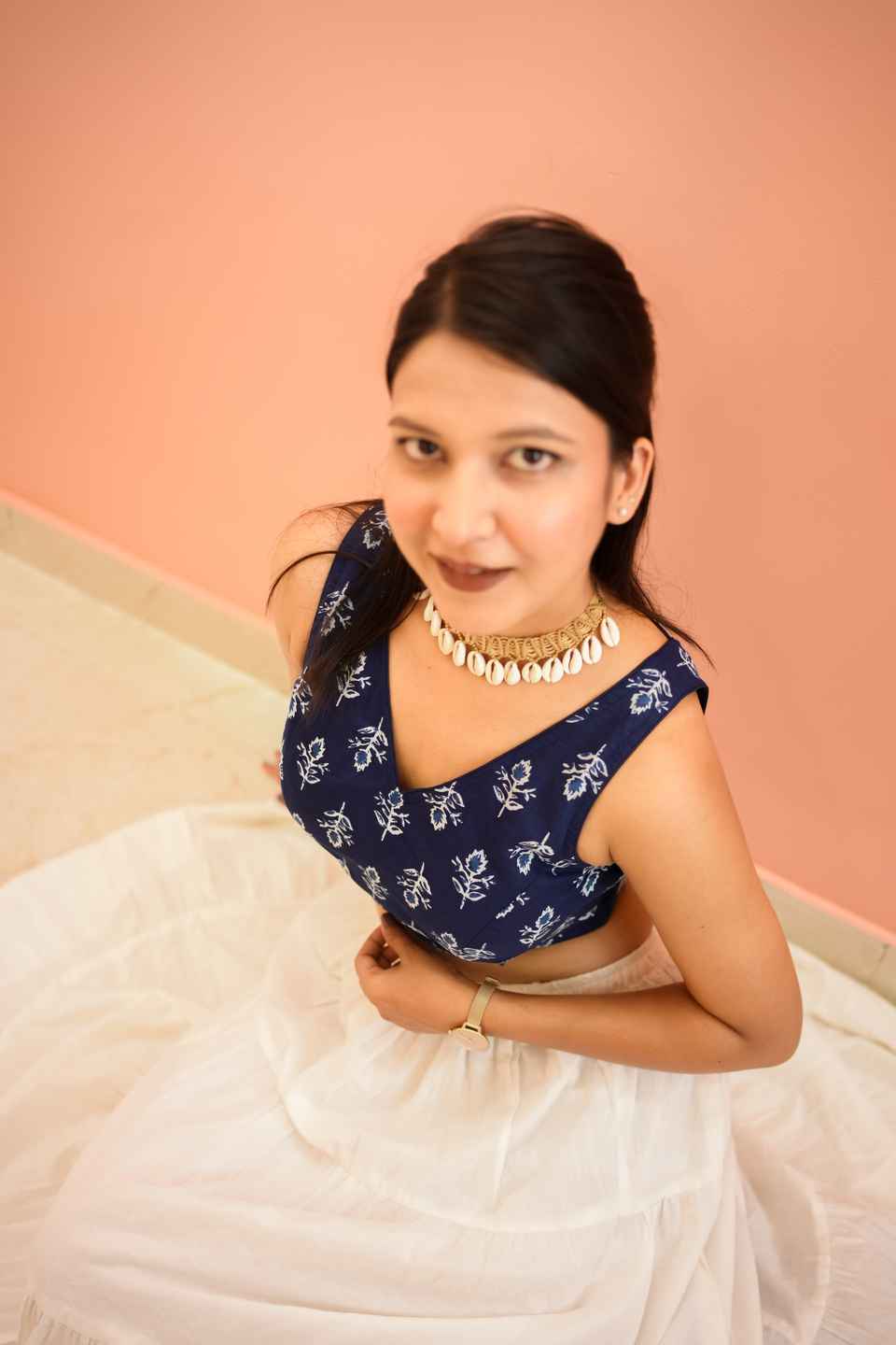 Blue Cotton Floral Print Saree Blouse for Women