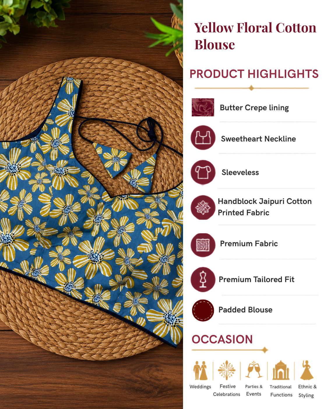 Yellow Floral Cotton Saree Blouse for Women