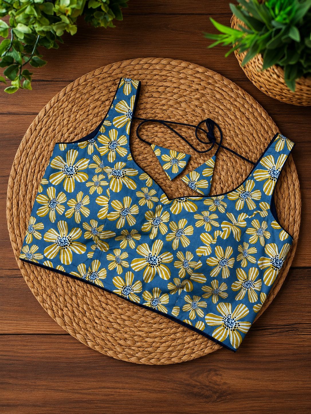 Yellow Floral Cotton Saree Blouse for Women