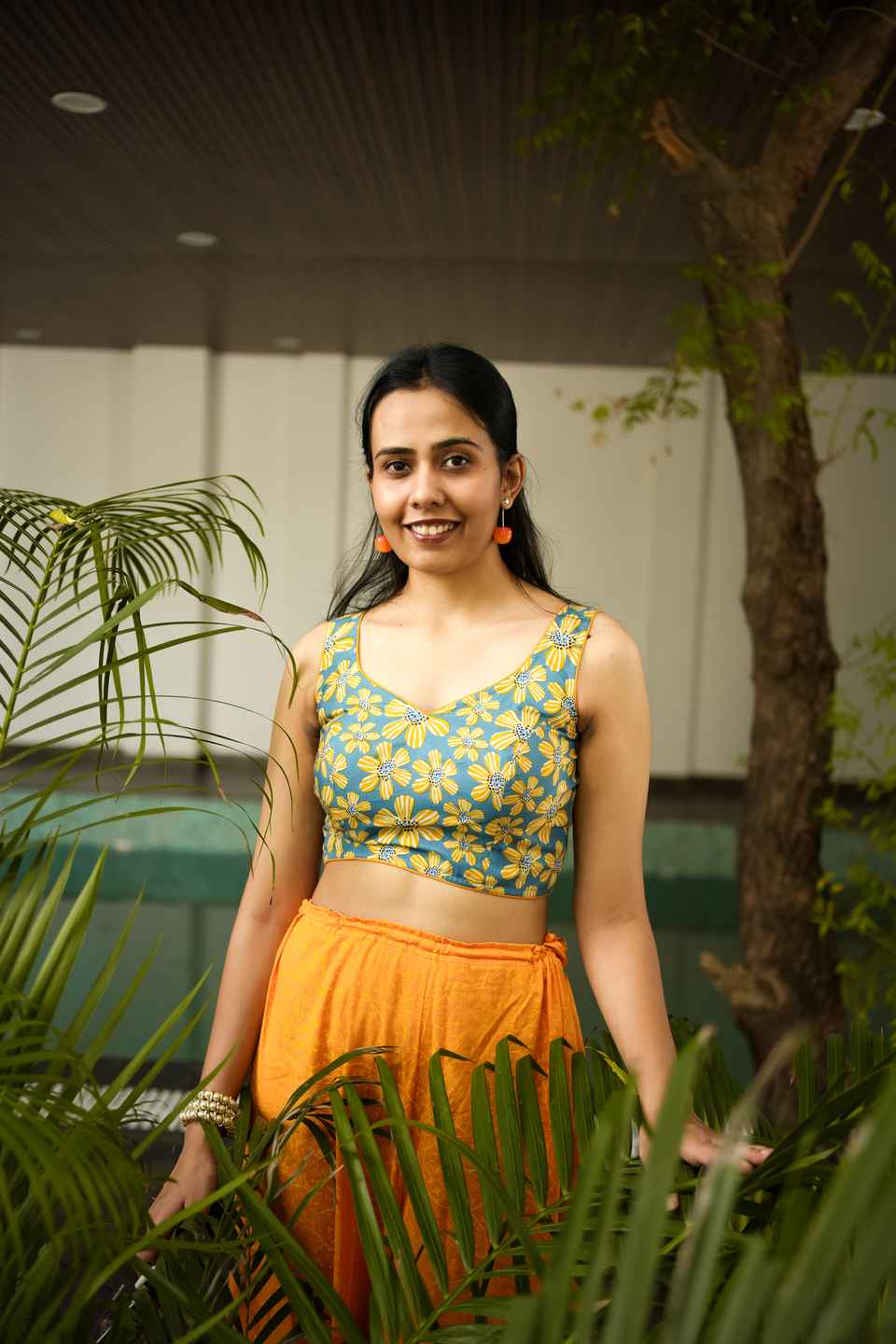 Yellow Floral Cotton Saree Blouse for Women