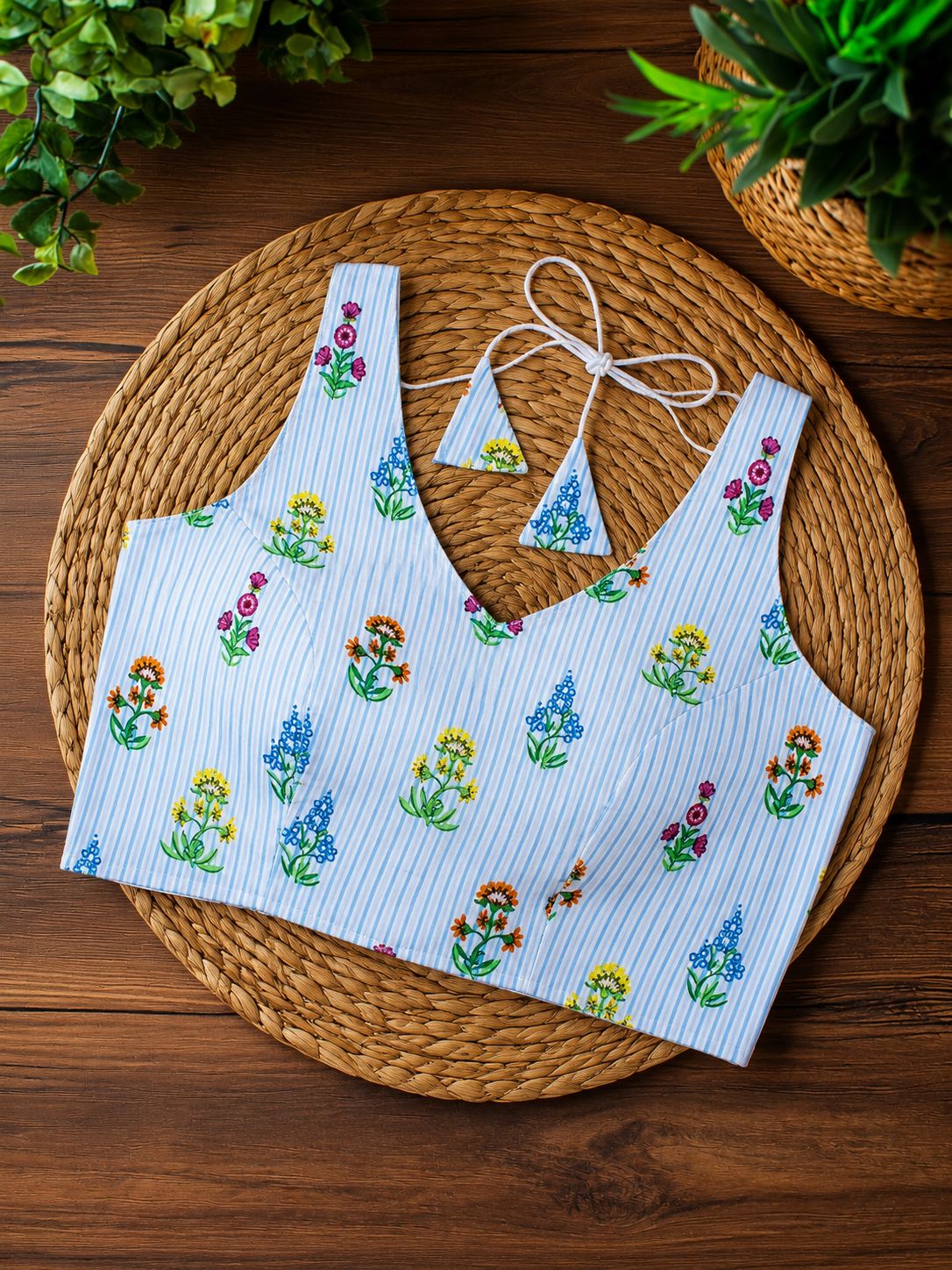 Sky Blue Stripe & Floral Cotton Saree Blouse