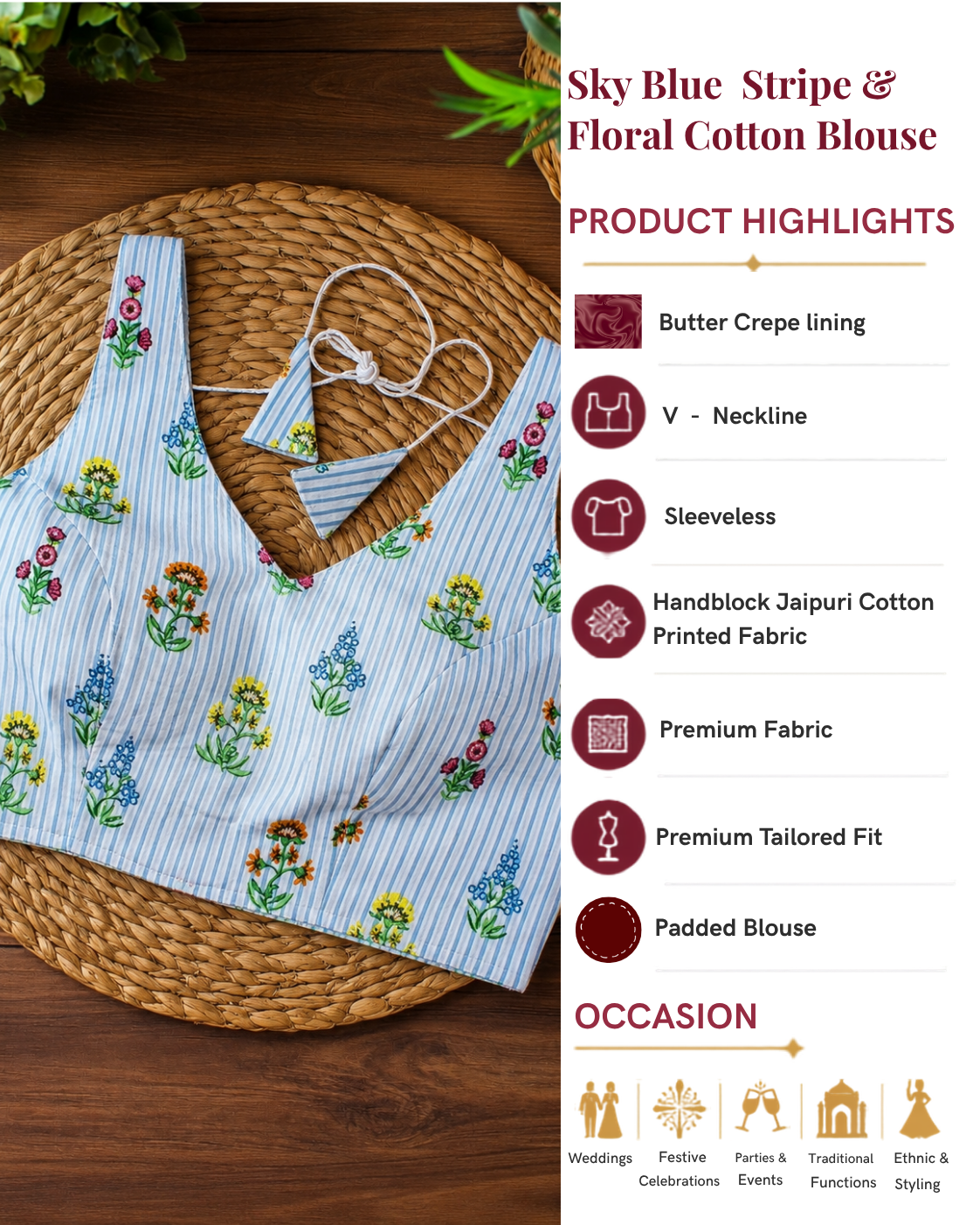 Sky Blue Stripe & Floral Cotton Saree Blouse